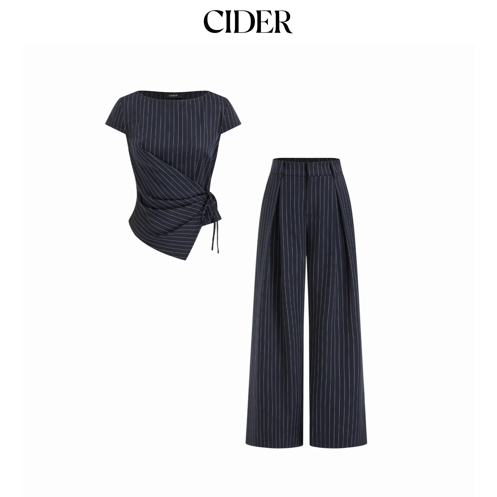 Cider Striped Boat Neck Short Sleeve Wrap Knotted Top & Mid Rise Straight Leg Trousers Set SohoChic