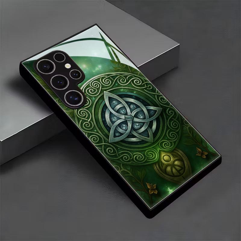 Mysterious Celtic Emerald Rune Black Tempered Glass Case, Suitable for Samsung Galaxy S26 S25 S24 S23 S22Pro S21 S20 Fe Plus Ultra Pro A56 A55 A54 A53 A52 A51 A36 A35 A34 A32 A26 A25 A24 A23 A16 A15 A14 A06 A05 A03s