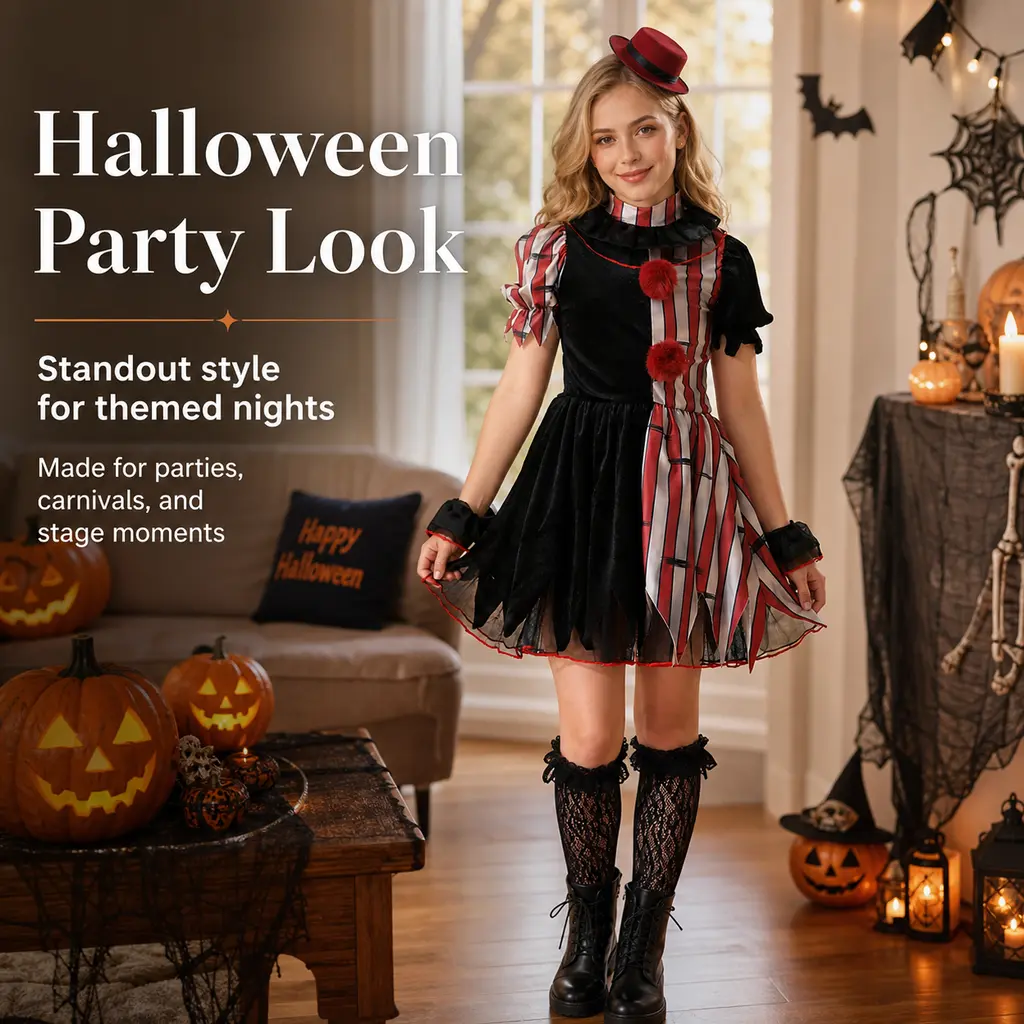 Girls Clown Costume Halloween Striped Patchwork Dress Cosplay Outfit With Mini Hat