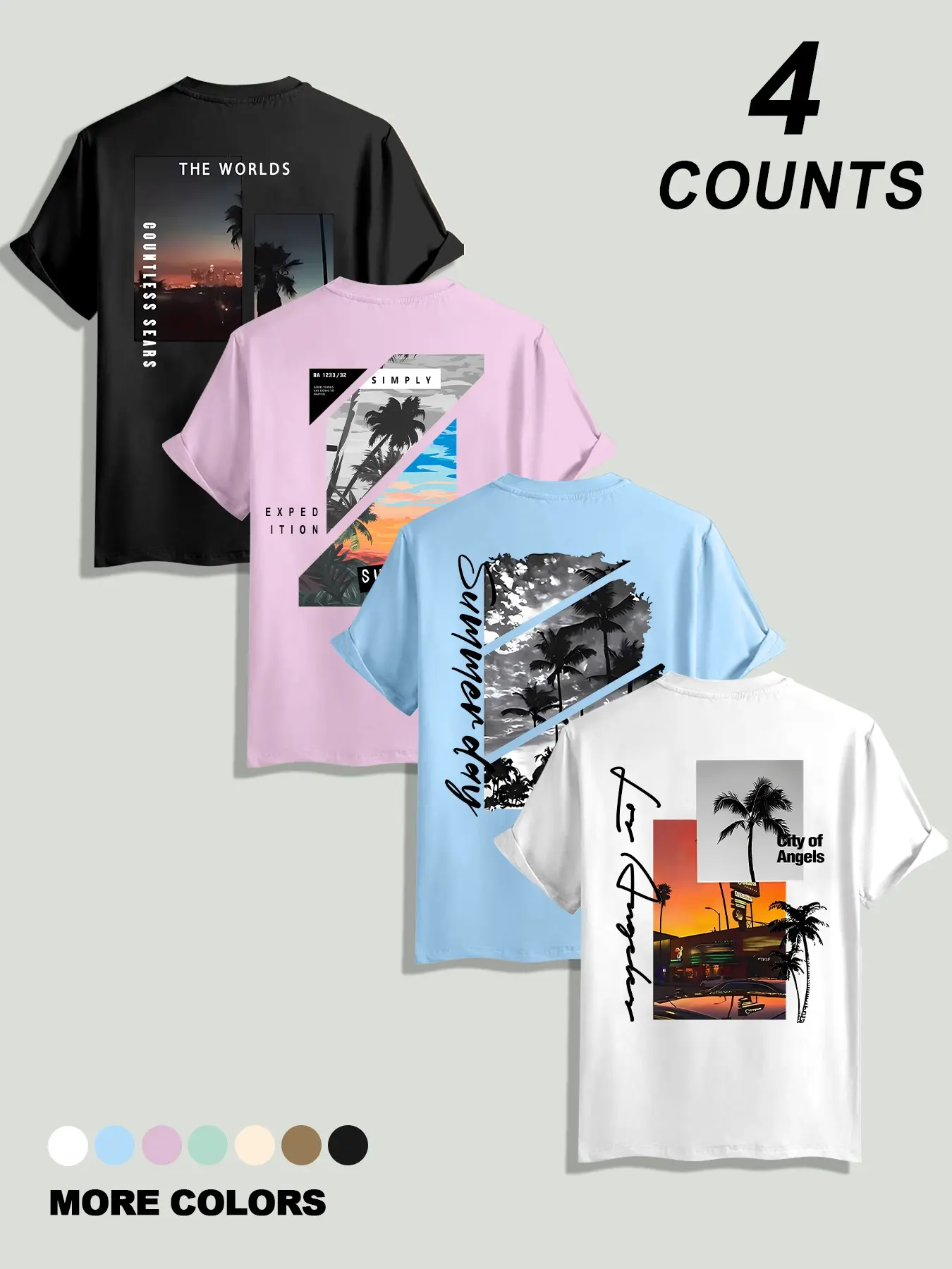 4-Pack Los Angeles Sunset Palm Tree Print Short Sleeve T-Shirts, American Vintage Streetwear, Loose Fit, Comfortable & Stylish