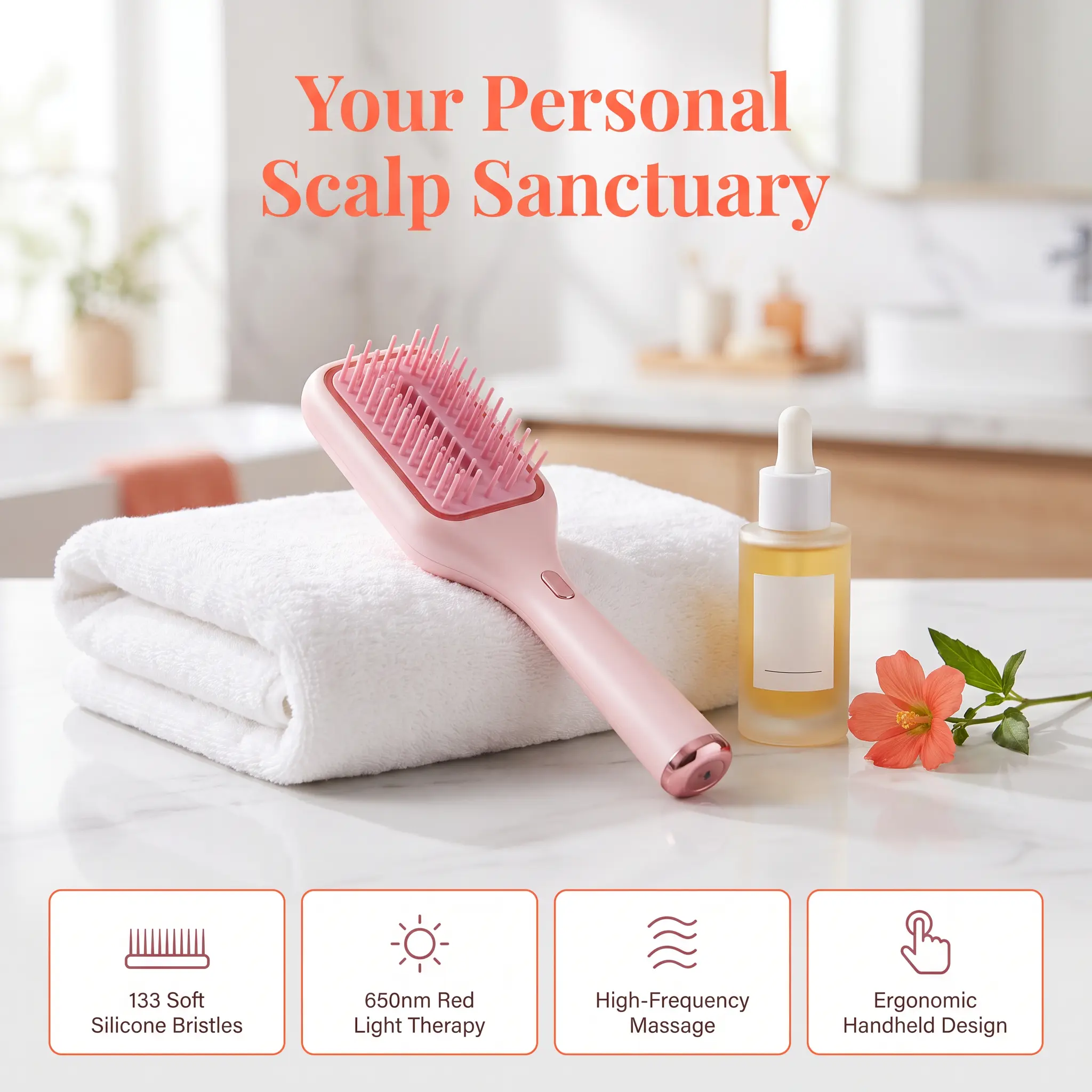 Pink Scalp Massager Oil Applicator Brush, 133 Soft Silicone Bristles, Vibration & Red Light Therapy for Home Scalp Spa Care