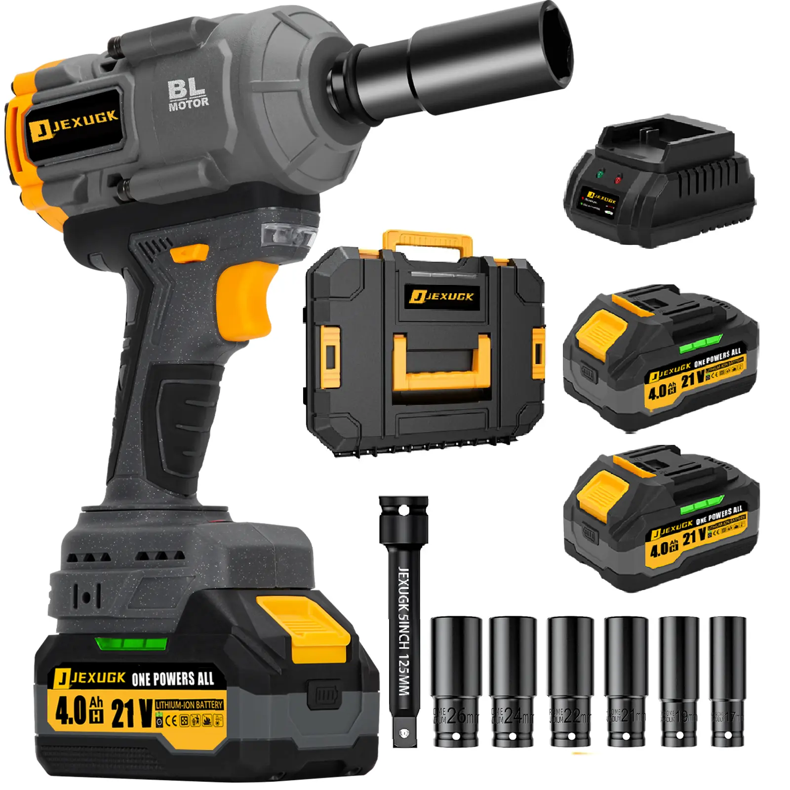 JEXUGK 1200Nm Impact Wrench, 1/2" Cordless Electric Impact Gun with 2 x 4.0Ah Battery, 21V High Torque Power Impact Driver with 6 Sockets,Pistola Llave De Impacto for Truck RV Car Heavy Construction Tool Kit Hardware