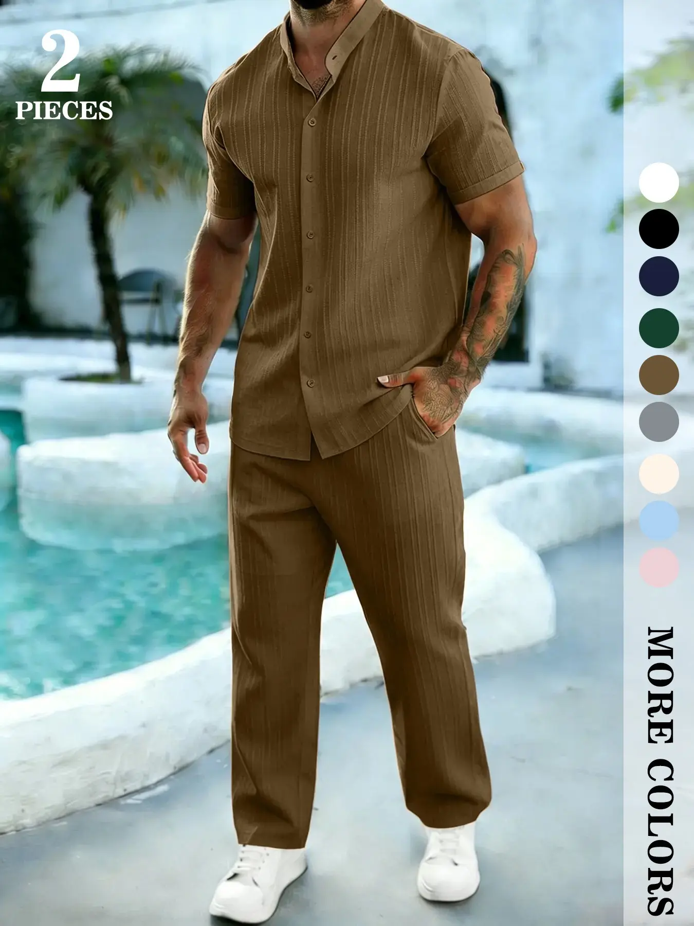 Men's 2pcs Casual Solid Color Textured Short Sleeve Shirt & Drawstring Waist Pants Set, Fall/winter, Comfortable