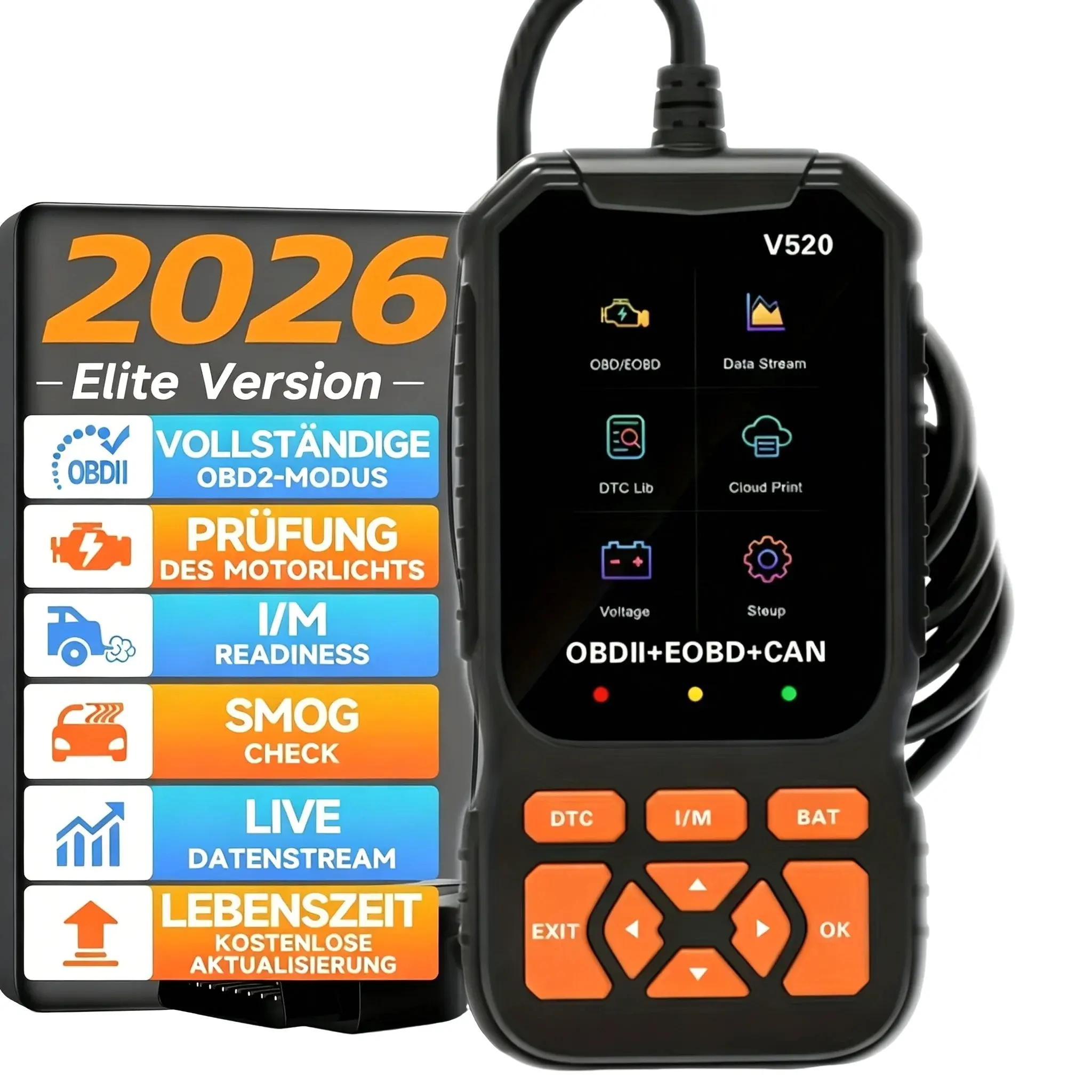 V520 Professional Obd2 Scanner, Engine Fault Detector, Code Reader, Battery Tester, Diagnostic Tool, 10 Languages, Compatible with Obd Ii Vehicles