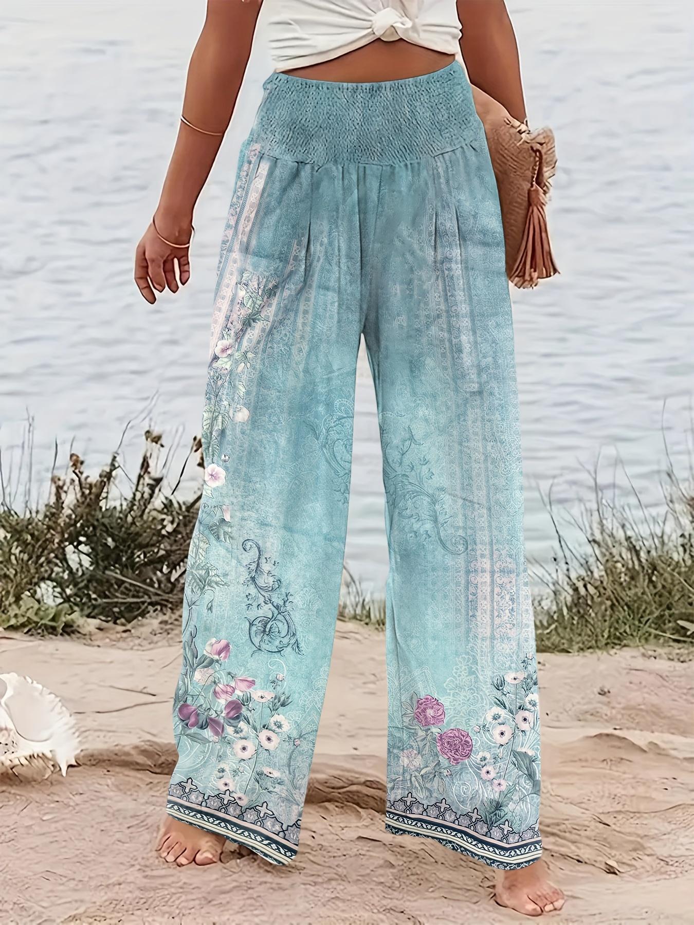 Women's Patchwork Print Elastic Waist Wide Leg Pants, Casual Loose Pants, Boho Bohemian Casual Trousers for Beach Vacation Holiday, Ladies Bottoms for All Seasons