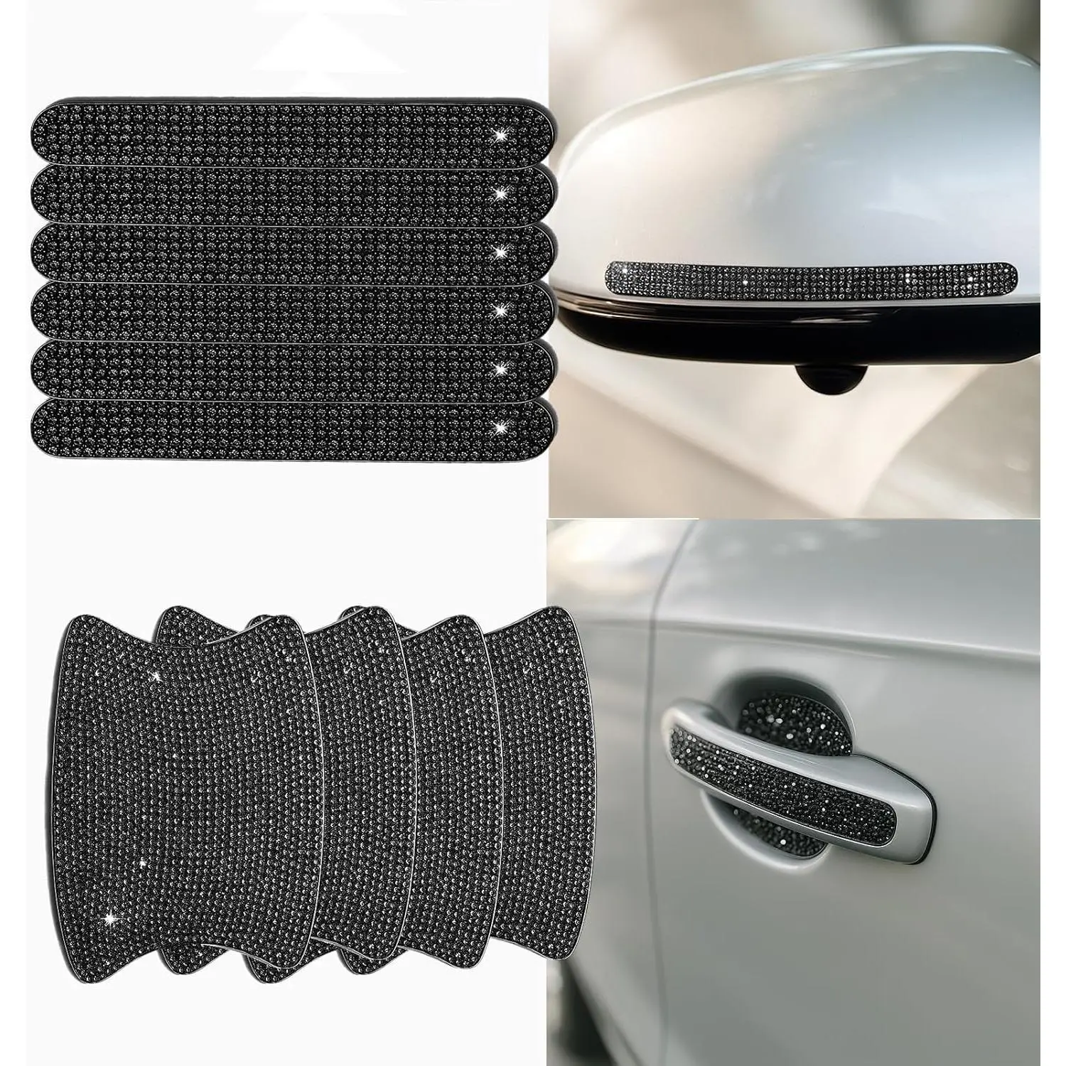 10 count Bling  Door Handle Protectors, 4 Door Bowl Stickers + 6 Handle Strips,  Rhinestone Anti-Scratch  Accessories, Sparkling Auto Decor ,  for SUV Sedan  (Black)