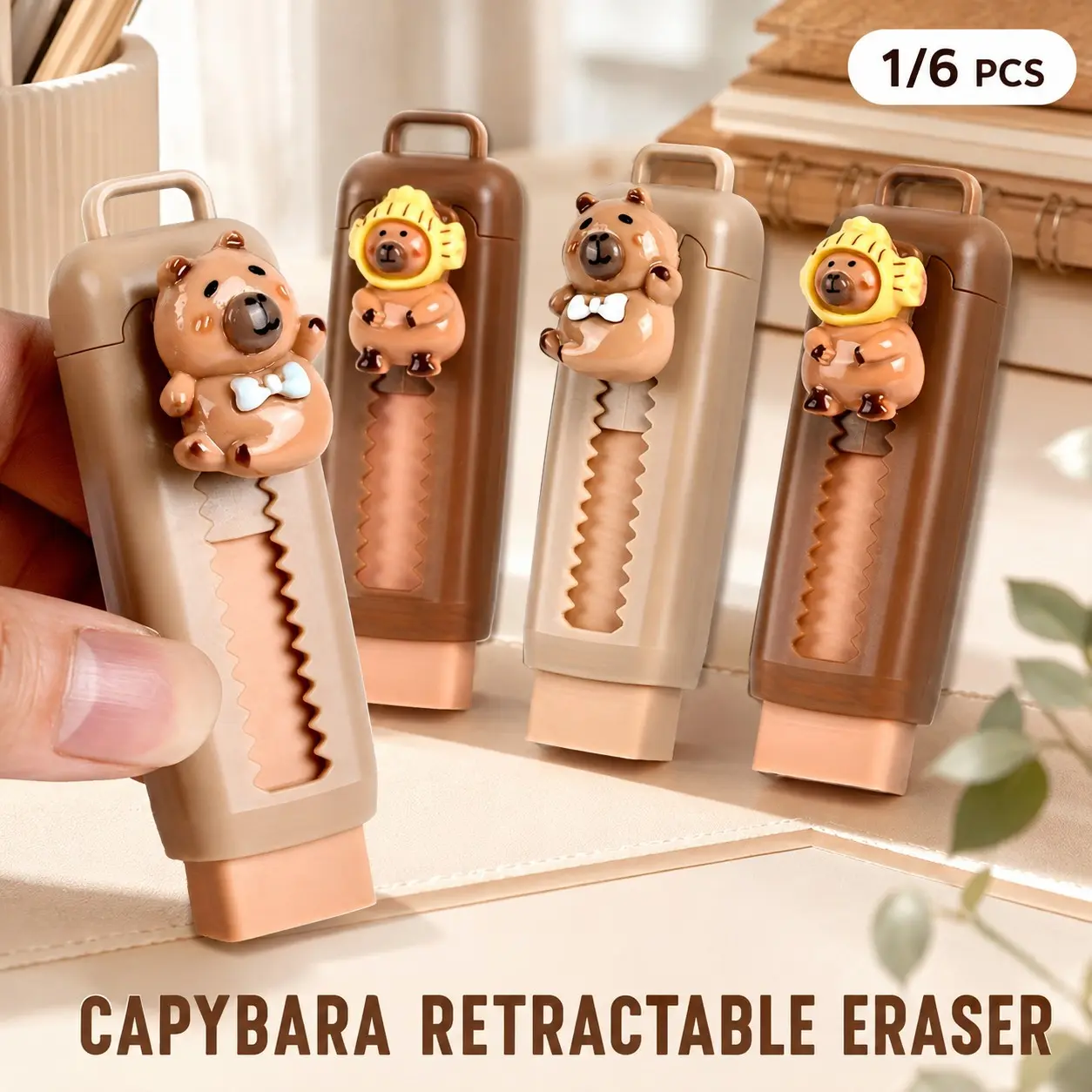 Capybara Eraser with Retractable Push-Pop Design, Multifunctional Stationery, Cute Animal Theme Durable Polyester Eraser for School, Classroom Supplies, Office & Art Supplies (Multiple Colors)
