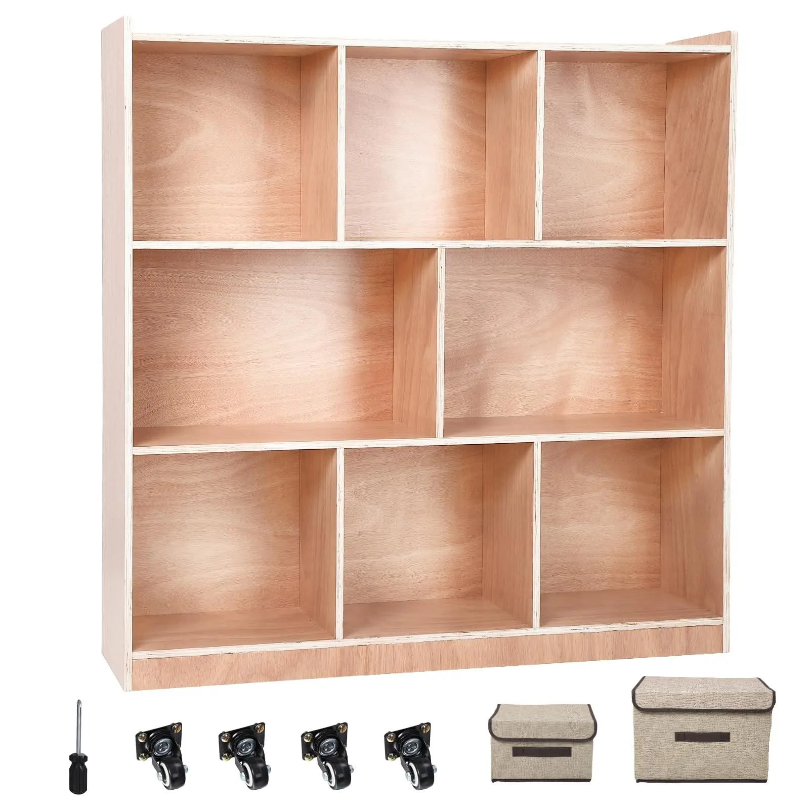 GARVEESolid Wood Storage Cabinet with 8 Compartments, Sturdy Plywood Finish, Anti-Tip Kit, and Casters for Home and School Organization
