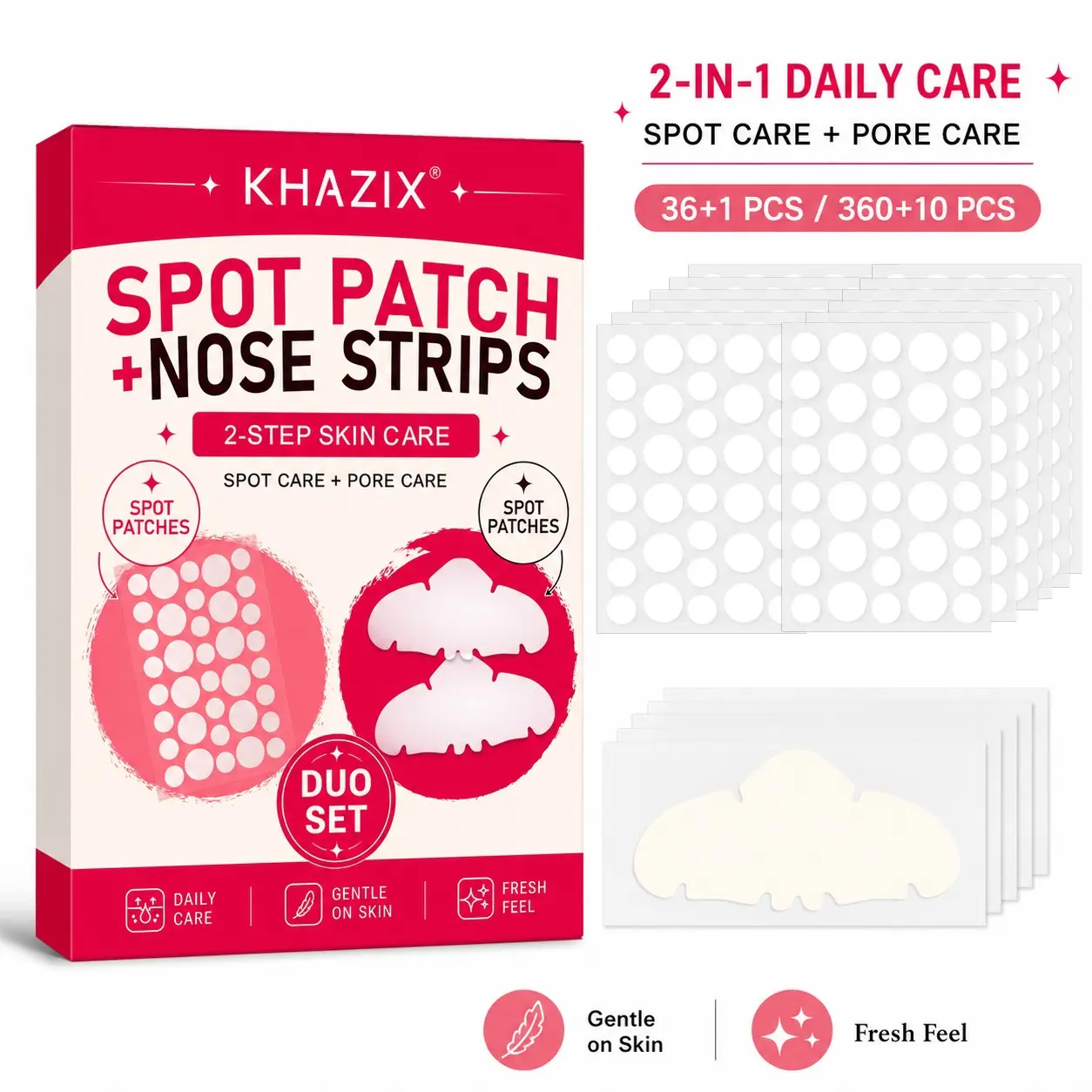 36+1/360+10-Piece 2-in-1 Nose Strip and Acne Pimple Patch Combo Pack: Deeply cleanses blackheads, shrinks pores, and conceals blemishes; highly effective oil-control facial skincare patches; an acne treatment tool suitable for all skin types