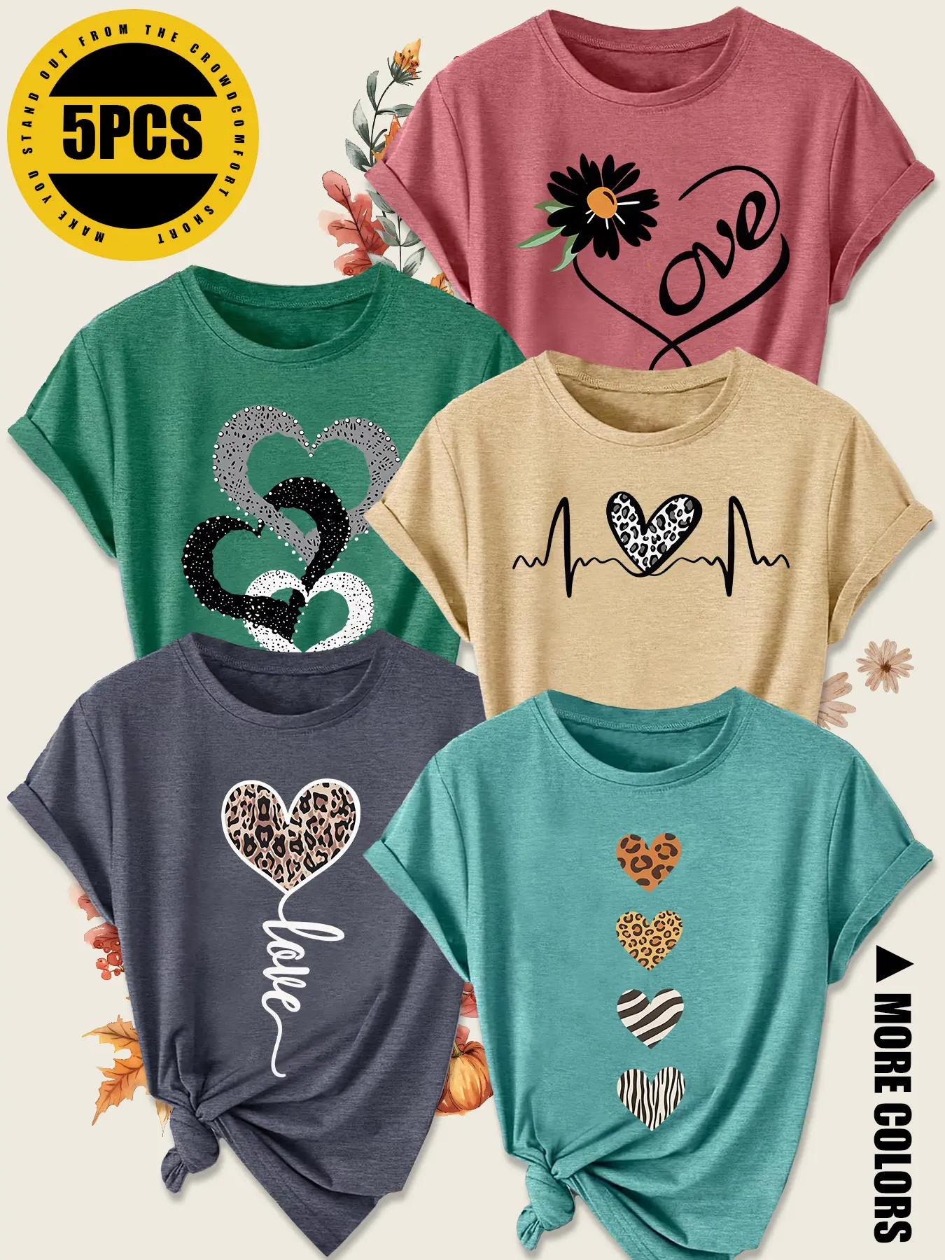 5Pcs Women Crew Neck T-shirt, Rainbow Daisy Cat Dandelion Floral Healing Girly Print, Stylish Washable Daily Women Short Sleeve Casual Chic Top