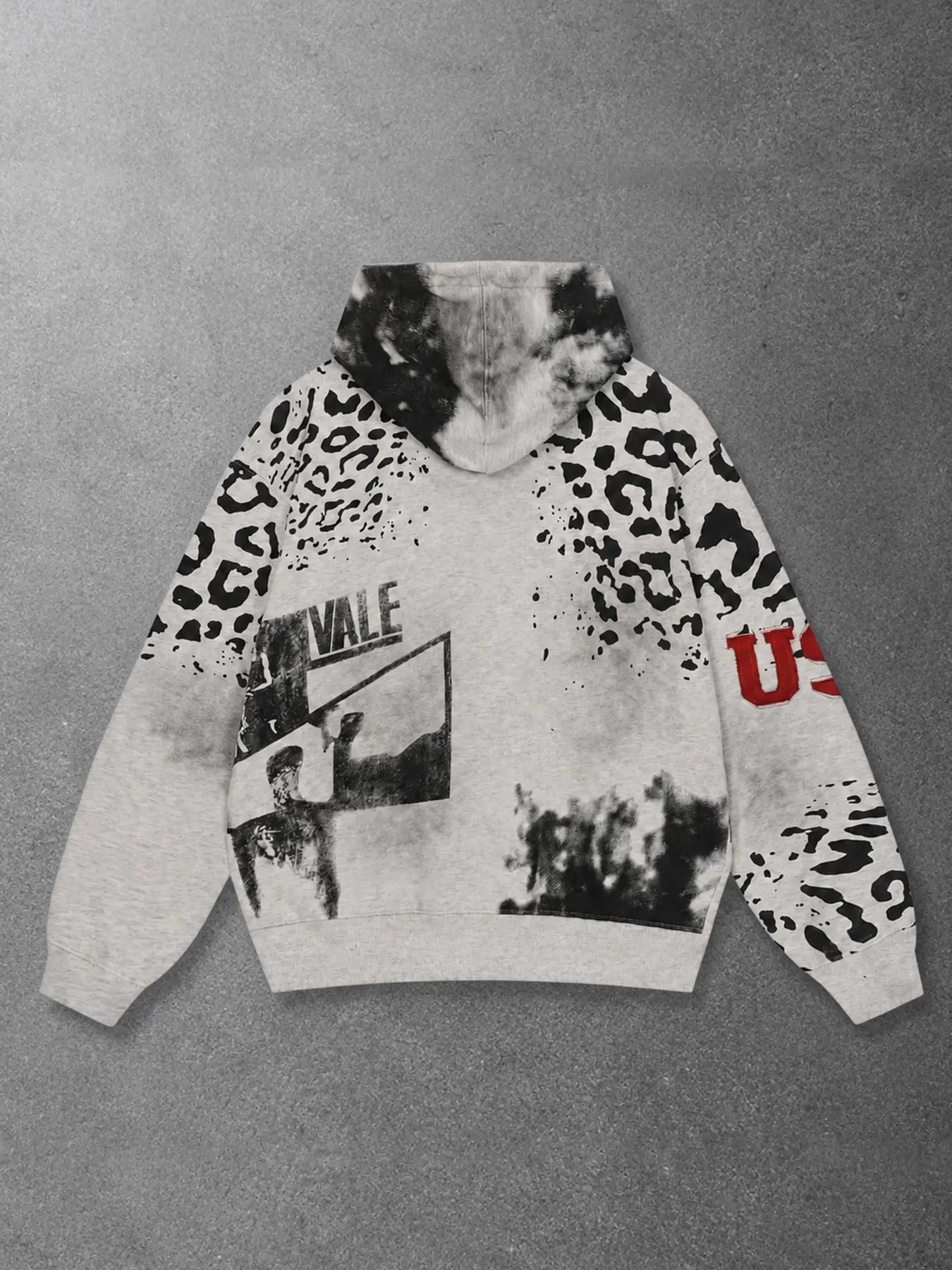 American Vintage Leopard Print Hooded Sweatshirt for Men, Loose Fit Drop Shoulder, Street Style Fall & Winter Top, Unisex Letter Pattern