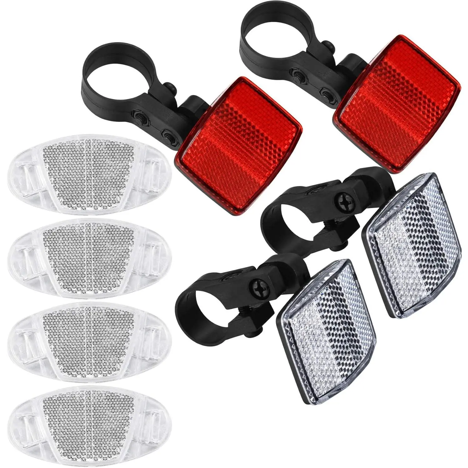 Front and Rear Reflectors Kit,  Wheel Spoke Reflectors Kit,  Cycling Safety  Reflectors for Handlebar and Seatpost,  Road Safety Reflection Kit, Red and White/8 Pcs