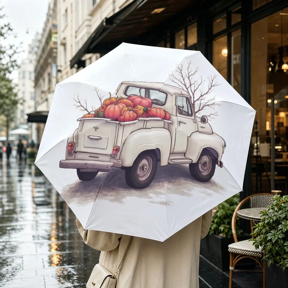 Vintage Truck Pumpkin Folding Umbrella, Automatic Open, Iron Frame, Portable Design, Suitable for All Seasons, Travel, Office, Outdoor Use