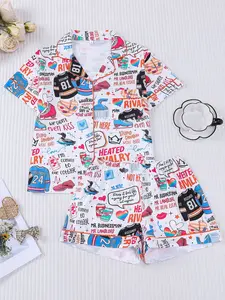 2-piece set of women's white background full of size 24 and 81 jerseys, popsicle ball grid pattern, heart letters, duck print pattern, short sleeved shorts, top with small pockets, elastic waistband, all season home daily casual women's sleepwear set
