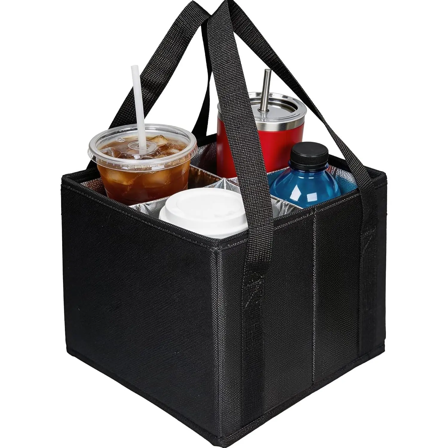 Reusable Drink Carrier with Handle, Insulated Cup Holder Bag with Adjustable Dividers, 600D Oxford Fabric Drink Caddy for Carrying Coffee & Beverages, Holds 4 Cups