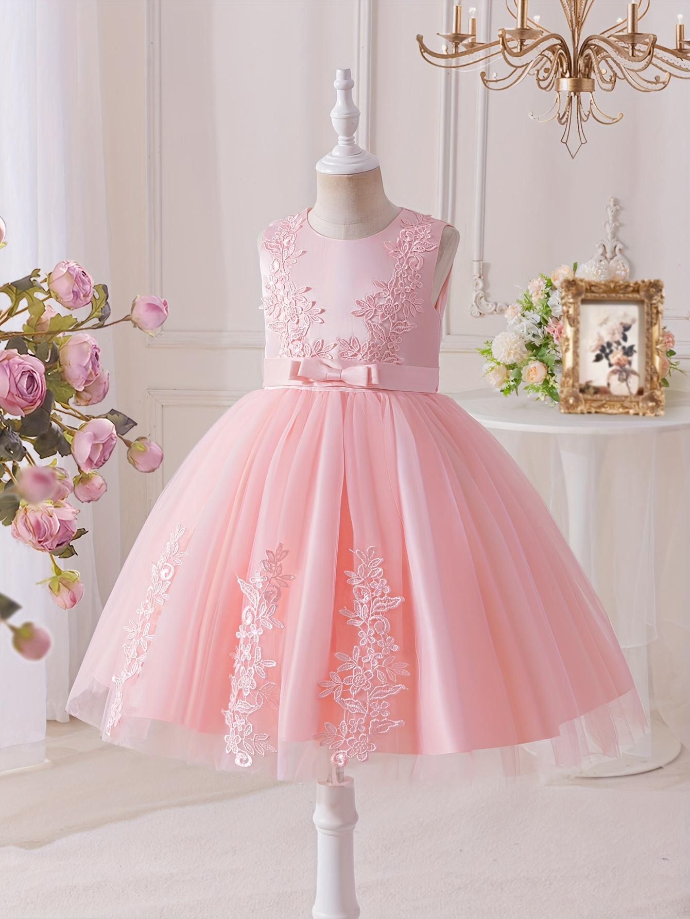 Girls Princess Dress Lace Mesh Flower Girl Wedding Stage Runway Sleeveless Midi Crew Neck Embroidered Tie Back Flared Hem All Season Non Stretch Formal Dresses