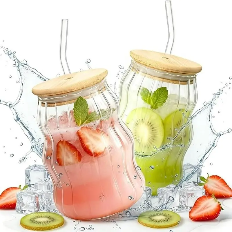 Set of Two Creative Drinking Cups, Ribbed Glass Cups, Vintage Ripple Glassware, Wavy Cute Drinks Cups, Glass Cups with Bamboo Lids and Glass Straws, Perfect for Smoothies, Juice, Matcha, Tea, Water, Slushies, and Cold Drinks