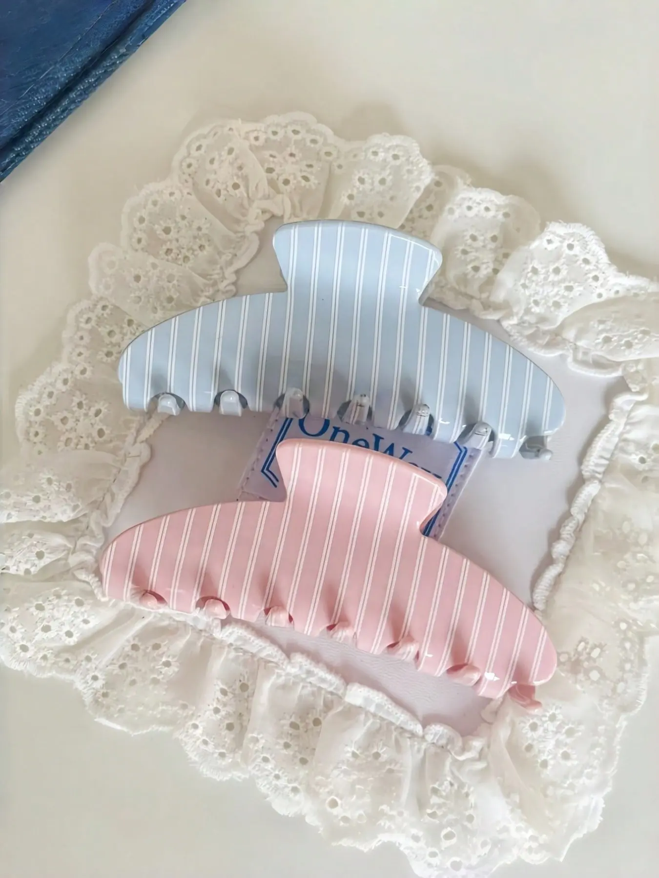 2pc Striped Large Hair Claw Clip for Women, Cute Blue & Hair Bun Clip, Non-Slip Hair Accessory for Daily Wear, Vacation & Beach