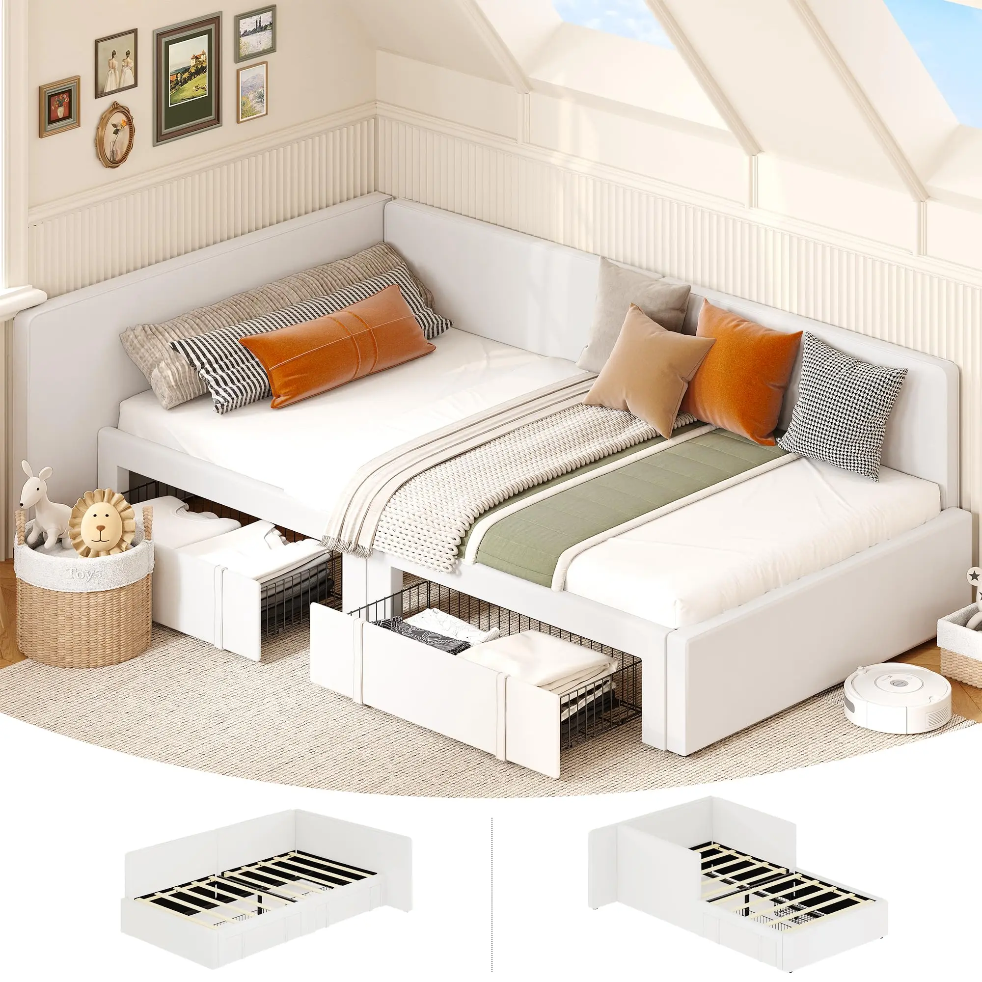 Twin Daybed – 2 Storage Drawers – Soft Beige – Corner Frame, Headboard, Guardrail – Adjustable – For Bedroom, Guest Room – Upholstered