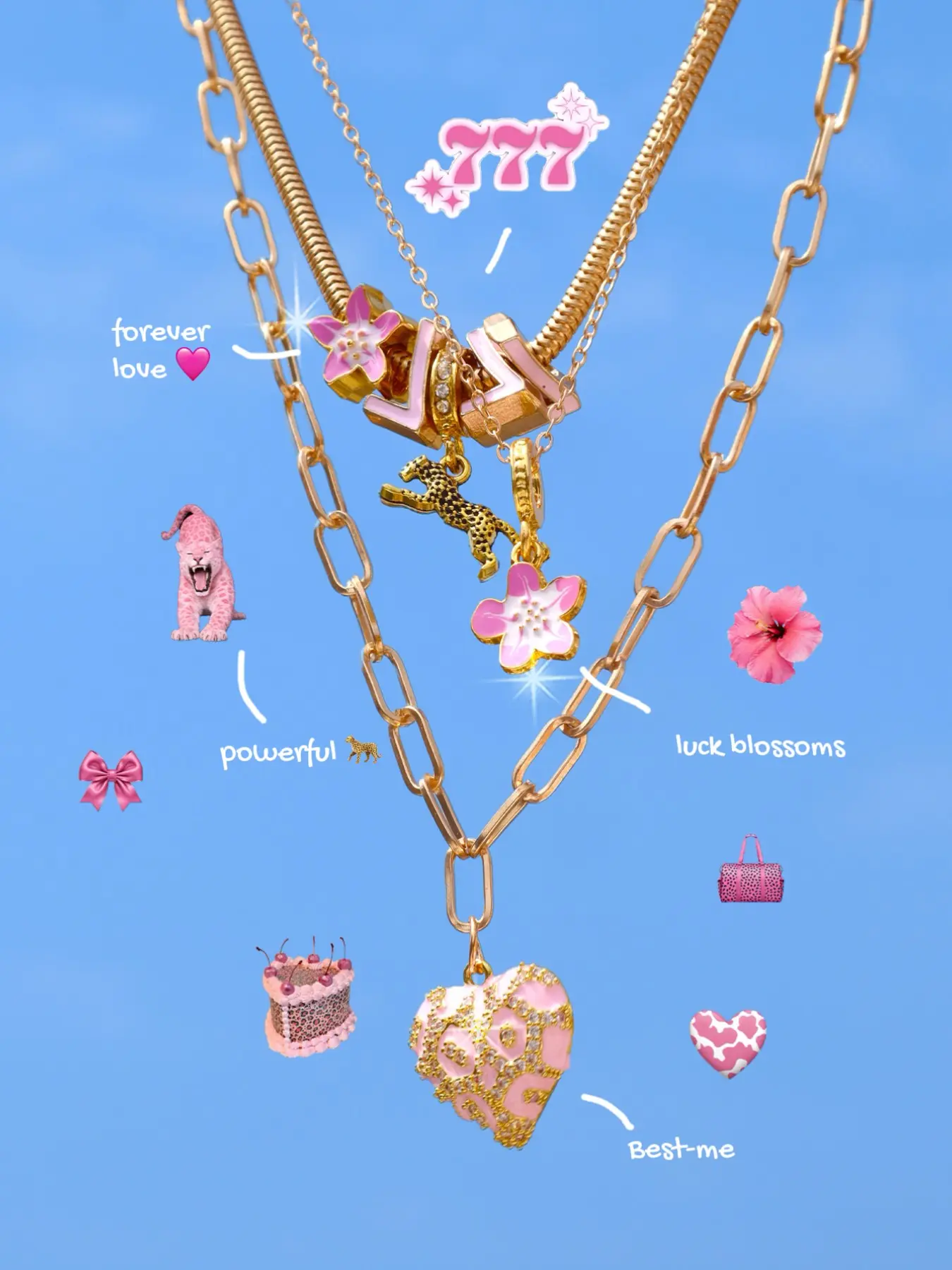 Cherry Blossom Leopard Print Heart Charm Necklace Set 3pcs, Leopard Print Egg Flower Cross Necklace, Beach Vacation Style Floral Necklace, Dangling Charms Necklace, Heart Design Jewelry, Beachy Jewelry