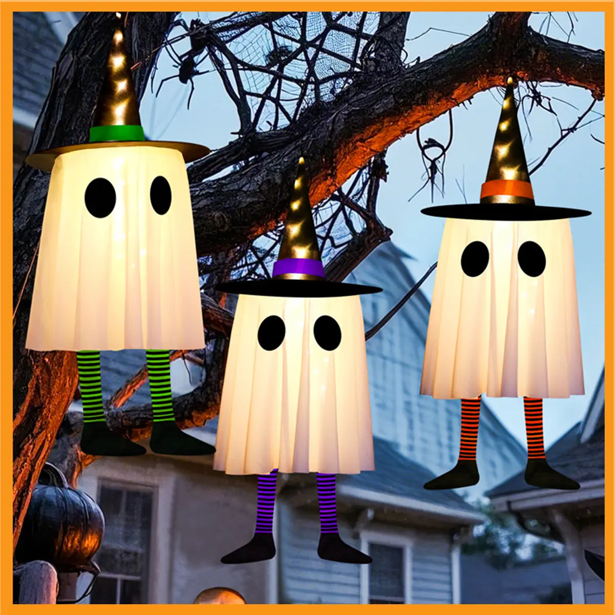 Outdoor Tree Halloween Decor, 3 Pack Witch Hat Hanging Ghosts with LED Lights, Battery Operated Glowing Ornament for Yard & Garden Layout