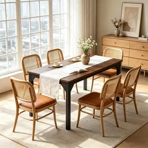 Garvee Modern Industrial Dining Table for 6-8 - 71" Rectangular Kitchen Table - Sturdy Black Metal Frame - Waterproof Brown Tabletop - Black Legs Brown Tabletop