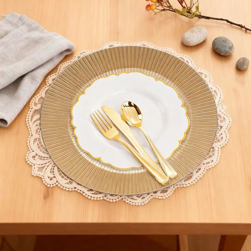JIT 26pcs Gold Charger Plates Plates Outdoor wedding Birthday party and dinner banquet for Wedding Catering Event Decor Decorative Plates