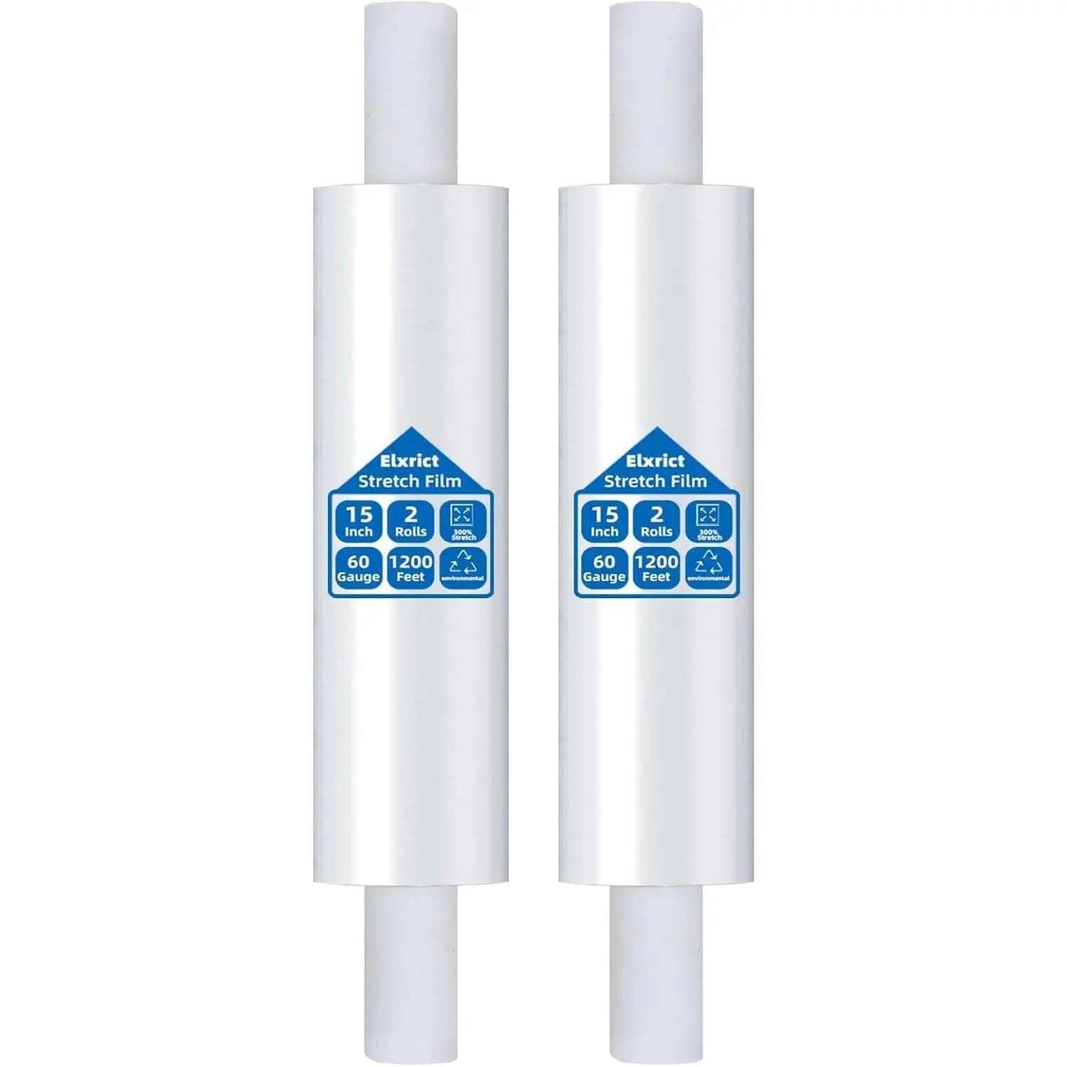 15 Inch Stretch Wrap Roll, Heavy Duty 15" x 1200ft Shrink Wrap Roll, Clear 60 Gauge Industrial Strength Stretch Film with Handle, Plastic Wrap for Pallet, Shipping, Moving, Furniture(2 Rolls)