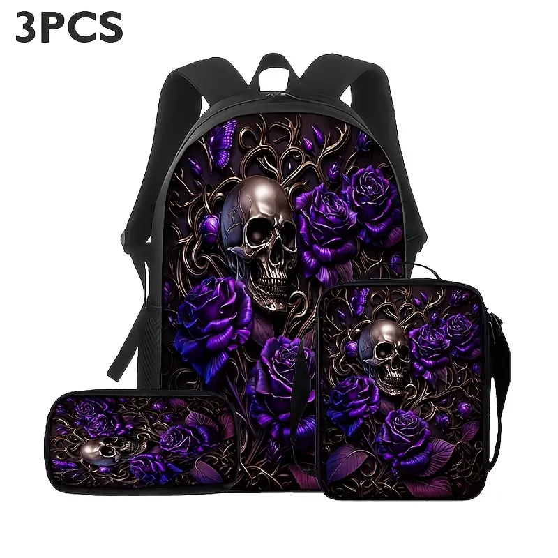 Purple Rose Skull 3-Piece Polyester Youth Backpack Set - Gothic Floral Stylish Daypack with Matching Lunch Bag, Pencil Case, Adjustable Straps for School/Travel (Gym Bag Accessory for Teens), Stylish Daypacks, Skull Roses
