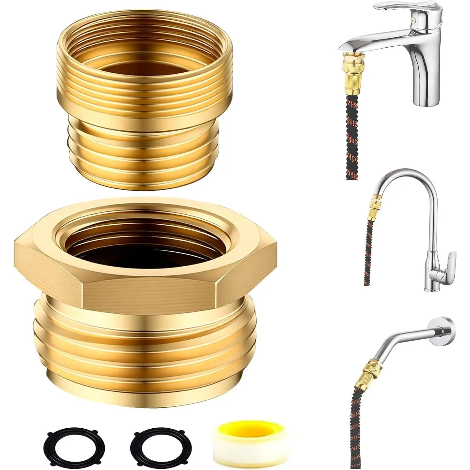 Solid Brass Hand Tighten Shower Hose & Faucet Adapter Kit - G1/2" Female, 55/64"-27 Female, 15/16"-27 Male to 3/4" GHT Male Garden Hose Connector with Leakproof Seals, Washer, PTFE Tape for Both Indoor/Outdoor DIY Users