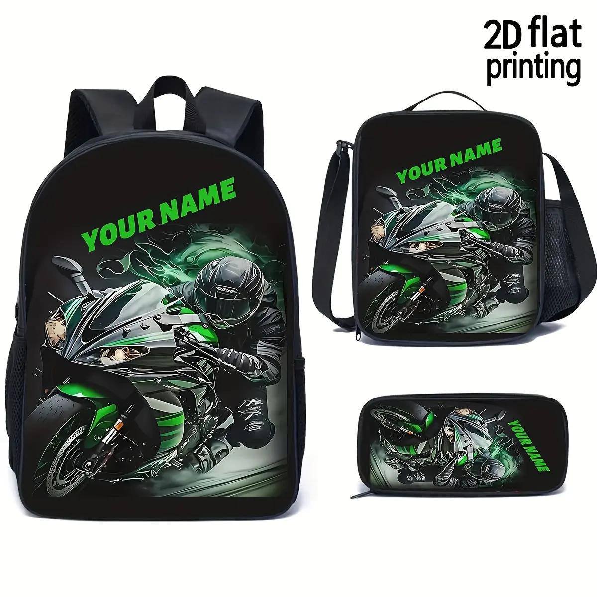 Personalizable Name 3-Piece Motorcycle Backpack Set, Green Sportbike Print Oxford Cloth Daypack with Adjustable Strap, Side Mesh Slots for School Trips (Includes Lunch Bag + Pencil Case)