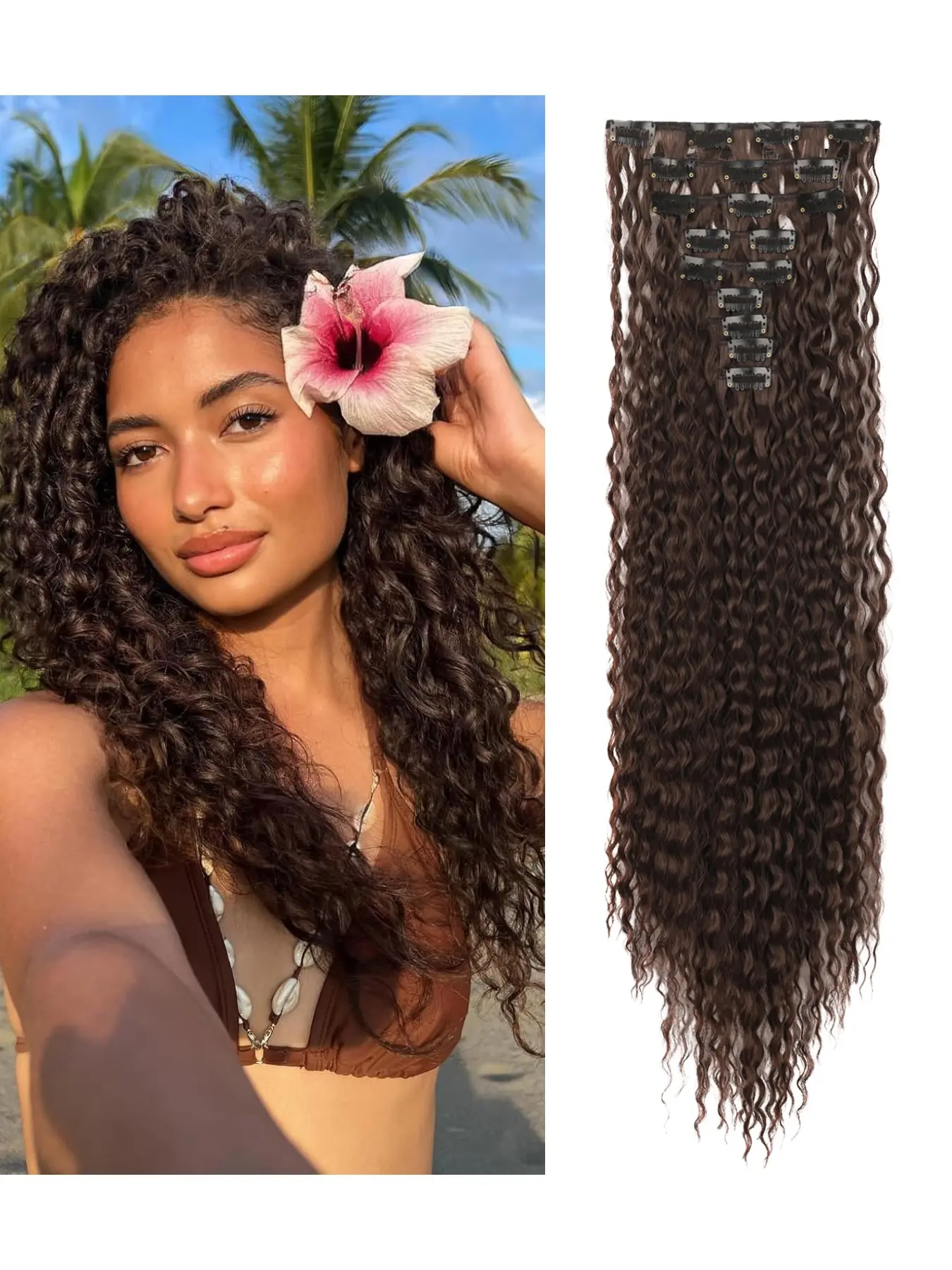 20 inch 9PCS clip on hair extensions, Synthetic Hair Pieces, deep wave synthetic fiber extensions, naturally dense, soft and lightweight, heat resistant seamless fusion, instantly experience salon level styling, women's daily party role-playing