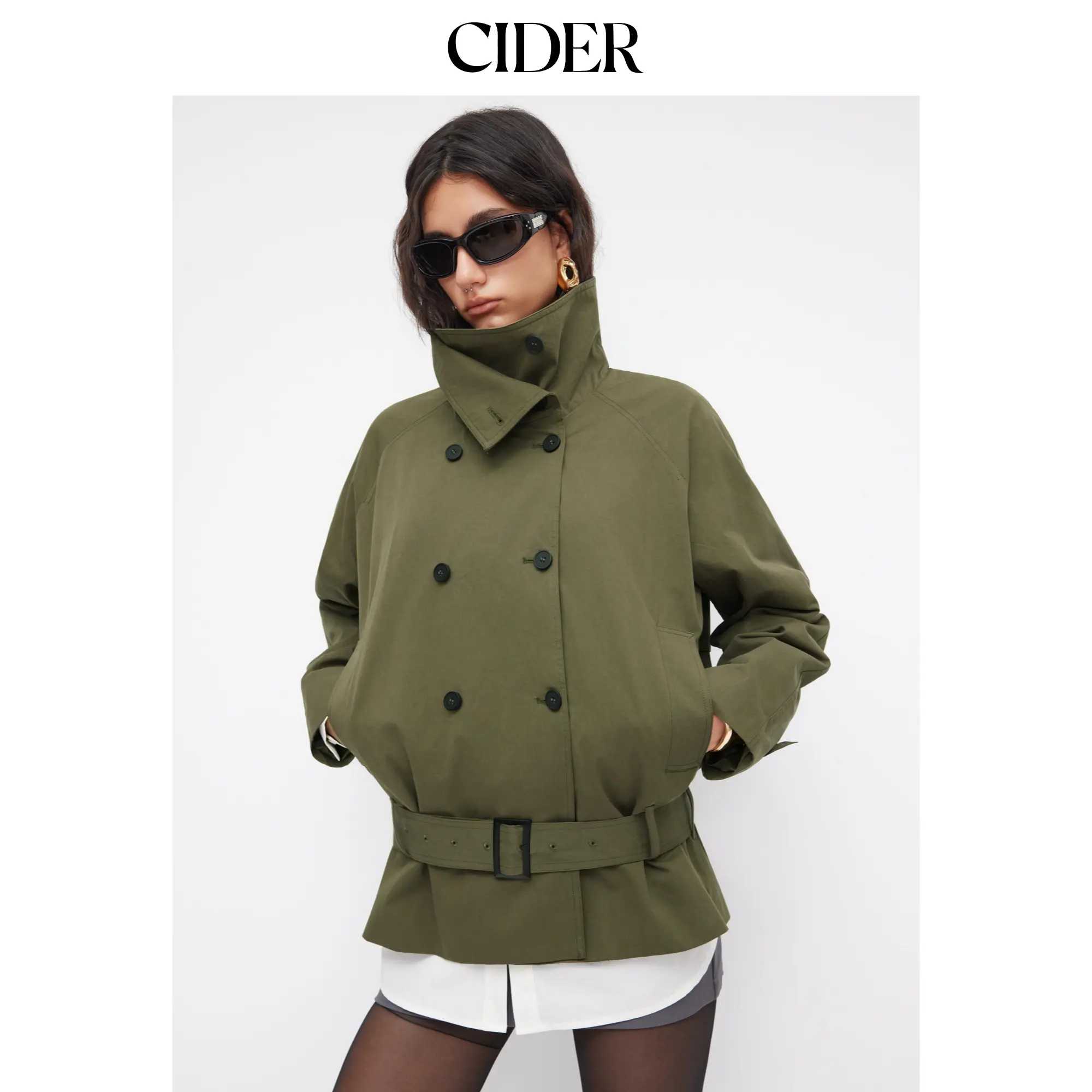 Cider Multi-way Cotton Stand Collar Double Breasted Oversized Windbreaker With Belt SohoChic
