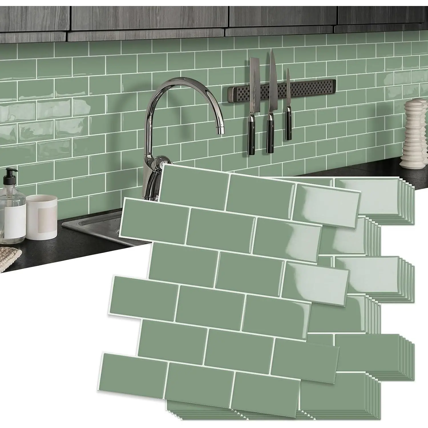 10-Sheet Thick Peel and Stick Kitchen Backsplash Tiles(Green,12"×12") |  Subway  Self-Adhesive Wall Tile Stick  Backsplash for Kitchen and Bathroom
