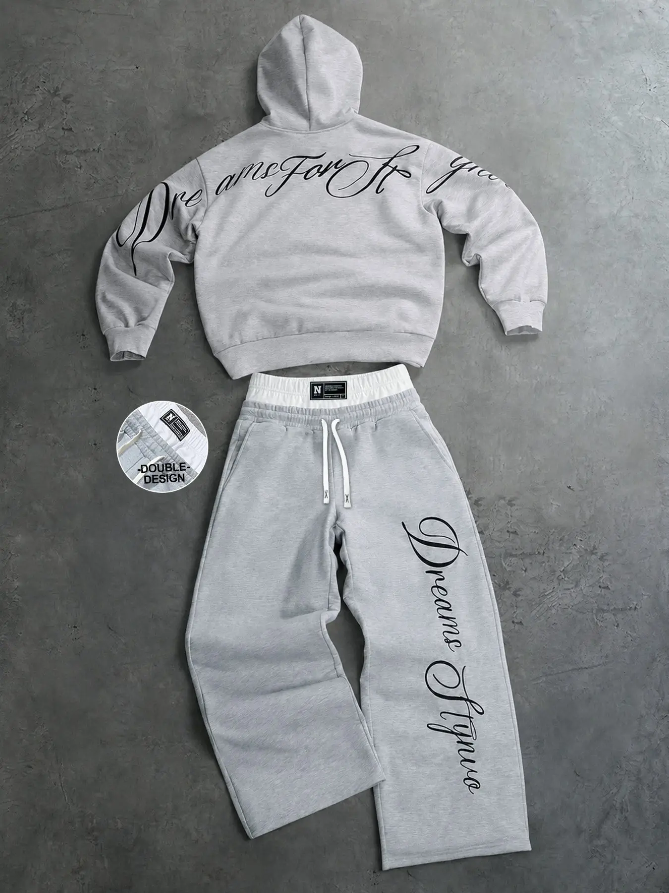 Cozy Fake Two-Piece Double Waistband Hoodie and Sweatpants Set - Vintage Letter Print Pullover & Wide-Leg Joggers Matching 2-Piece Lounge Set for Airport Outfit & Casual Wear