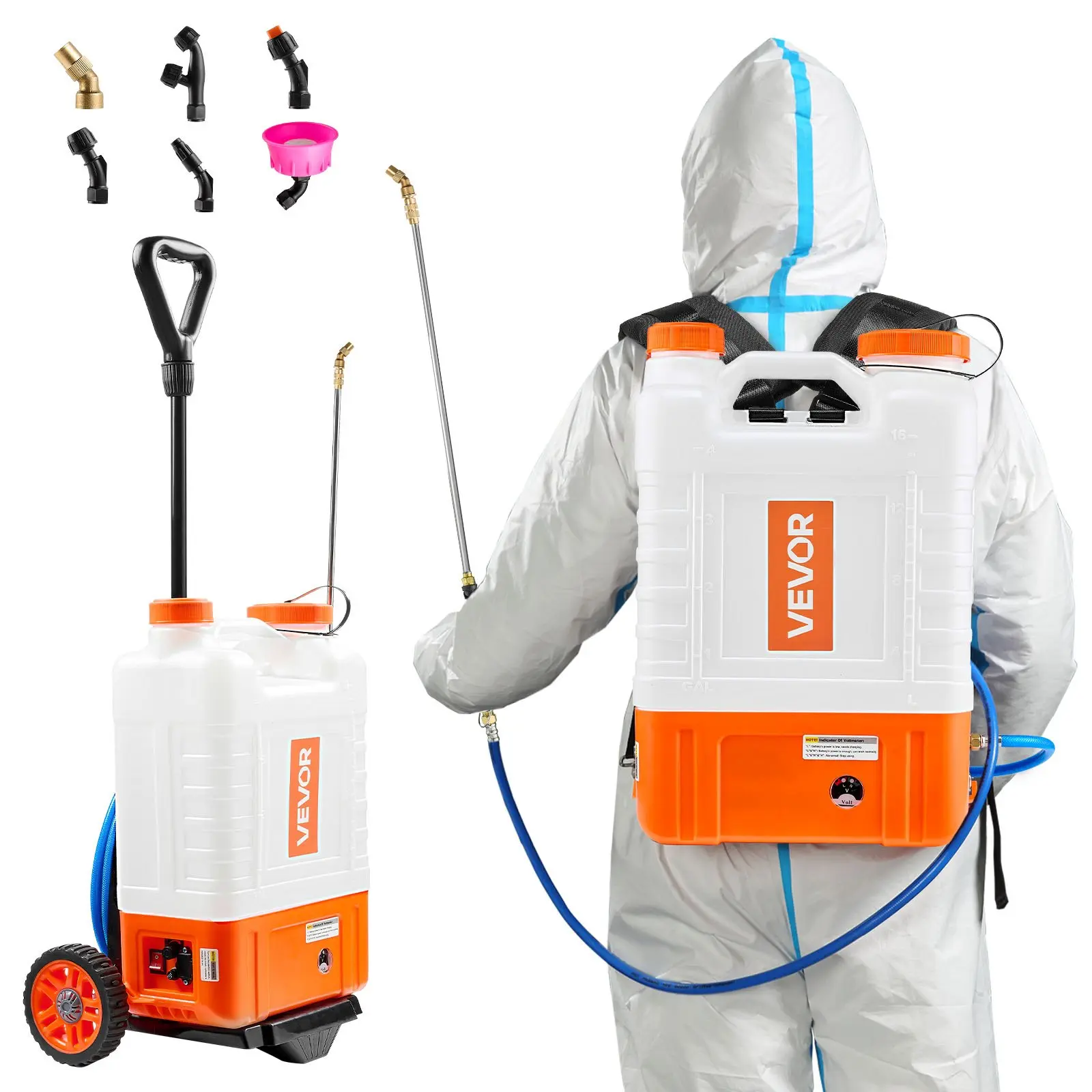 【DealsForYouDays】VEVOR Battery-Powered Backpack Sprayer with Cart, 4 Gal Tank on Wheels, 0-94 PSI Adjustable Pressure, 12V 7.2Ah Battery, 8 Nozzles, 2 Wands, Wide Mouth Lid, Indoor Use, Disinfecting, Ease Hand Fatigue, Shoulder Strap, Deals For You Days,