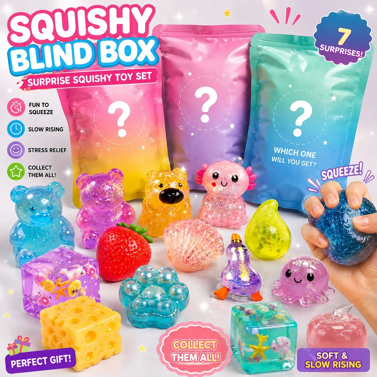 7/14 Pack Sparkle Glitter Clear Squishy Lucky Blind Mystery Surprise Box Bag, Slow Rising Stress Relief Squeeze Fidget Toy Random Style Kids Party Gift