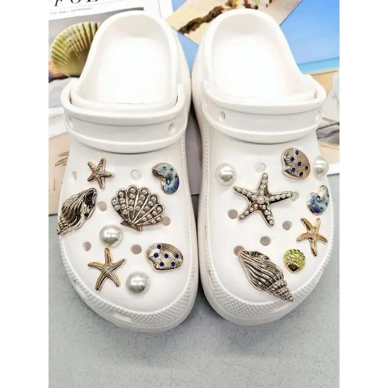 18PCS Ocean Cute Charm Set with Seashell, Starfish & Pearl Rhinestones, DIY Shoe Decor for Clogs & Sandals, Waterproof Party Gift Accessories (Shoes Not Included), 18Pcs (Shoes Not Included), Waterproof Abs