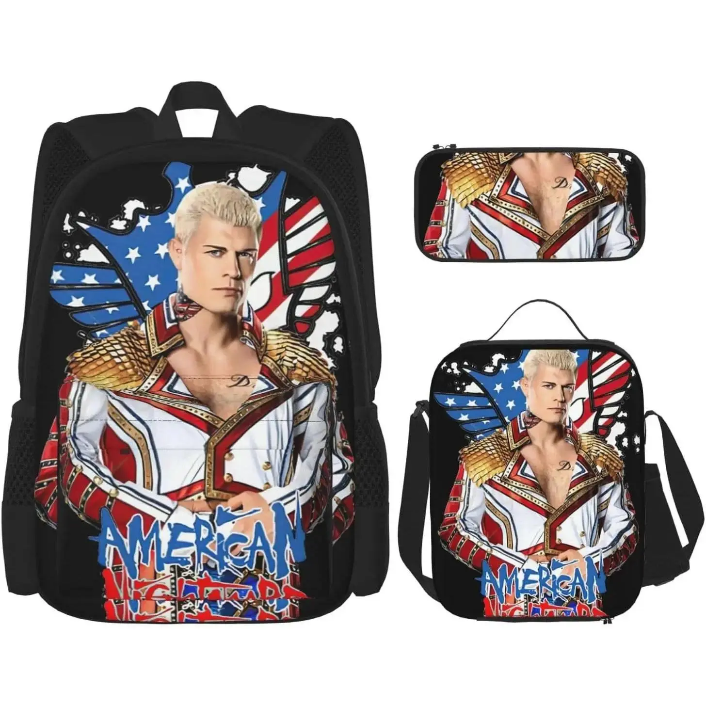 Cody Wrestler Rhodes Backpack 3 Pieces Set With Lunch Box And Pencil Case Combination for Work/Sport/Picnic Adjustable Laptop Backpack Travel Daypack Stationery Bag AS PIC