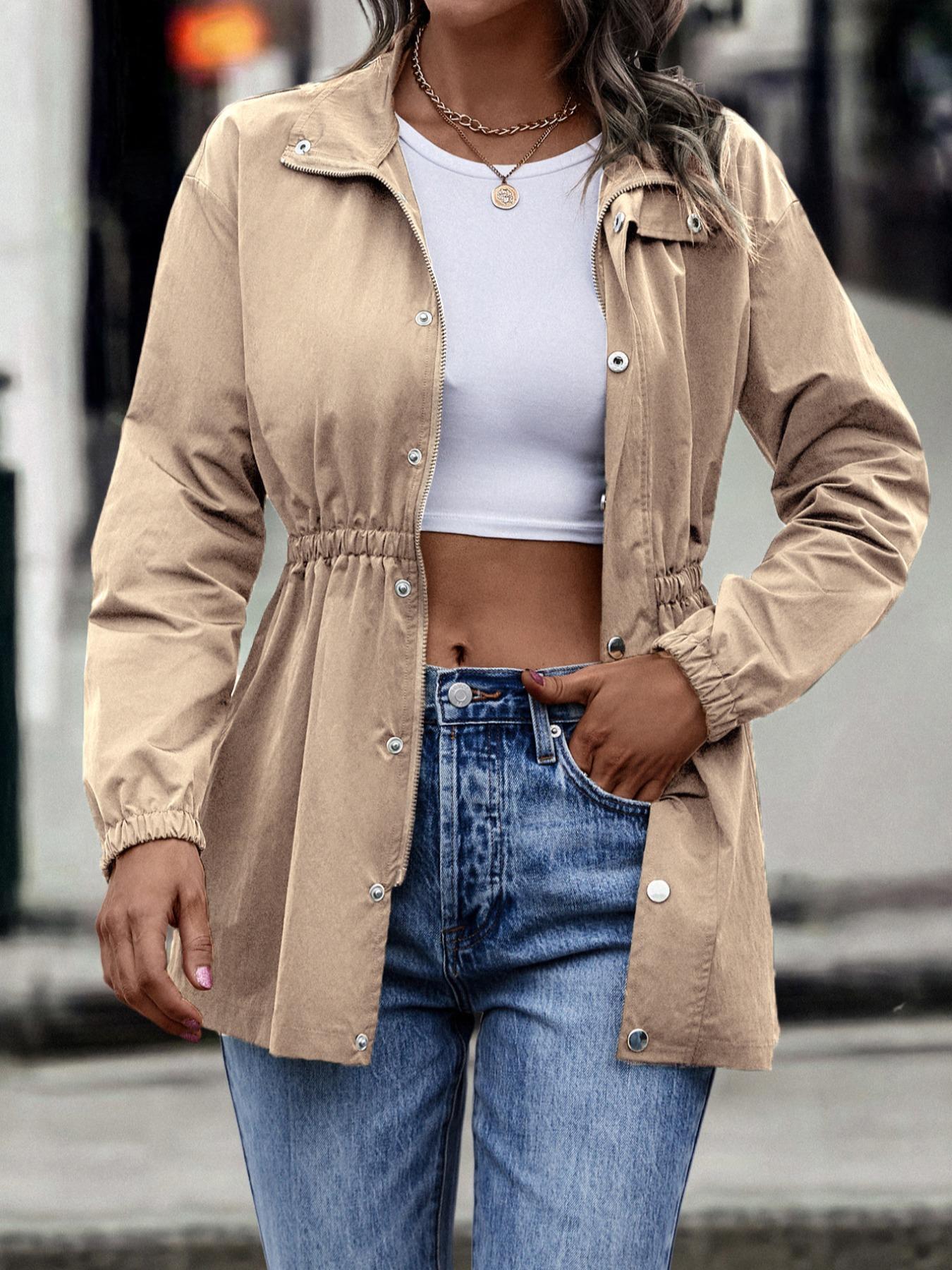 Women's Solid Woven Fabric Fitted Button Front Collar Jacket Coats, Casual Long Sleeve Outerwear for Spring & Fall, Ladies Clothes for Daily & Everyday Wear, Womenswear