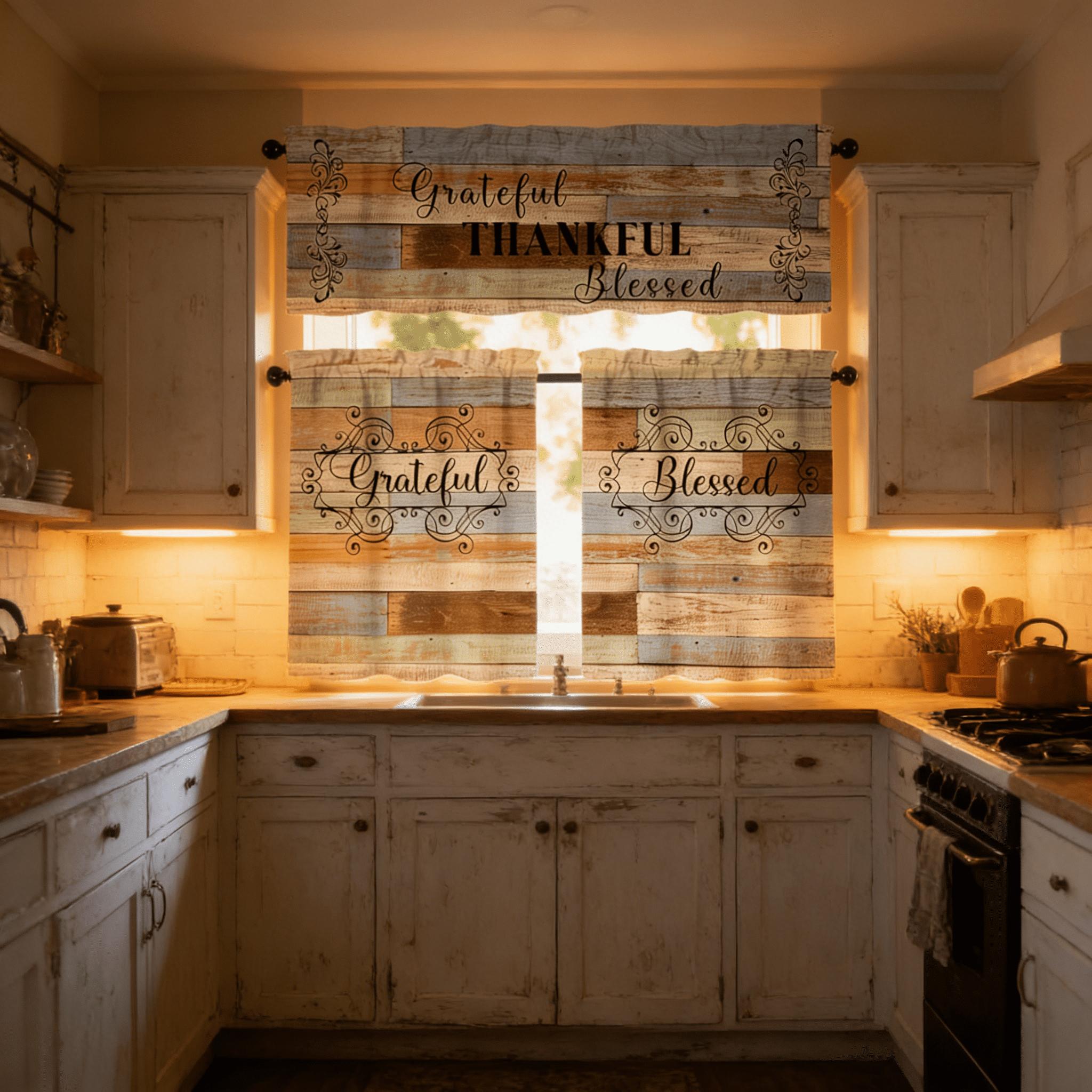 SoftHaven Home Made in USA Vintage Rustic Farmhouse 3-Piece Kitchen Curtains & Valances Set, Elegant Country Style Rod Pocket Window Drapes, Reusable Washable Polyester Home Decor for Kitchen Windows