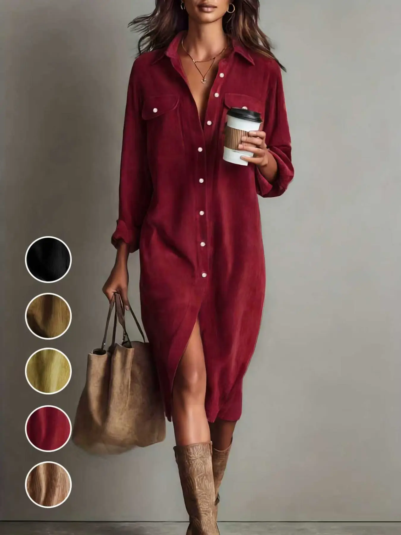 Women's Fall Winter Casual Long Sleeve Button Front Dress, Knee Length Unlined Plain Design, Multi-Color Slimming Over-Knee Skirt
