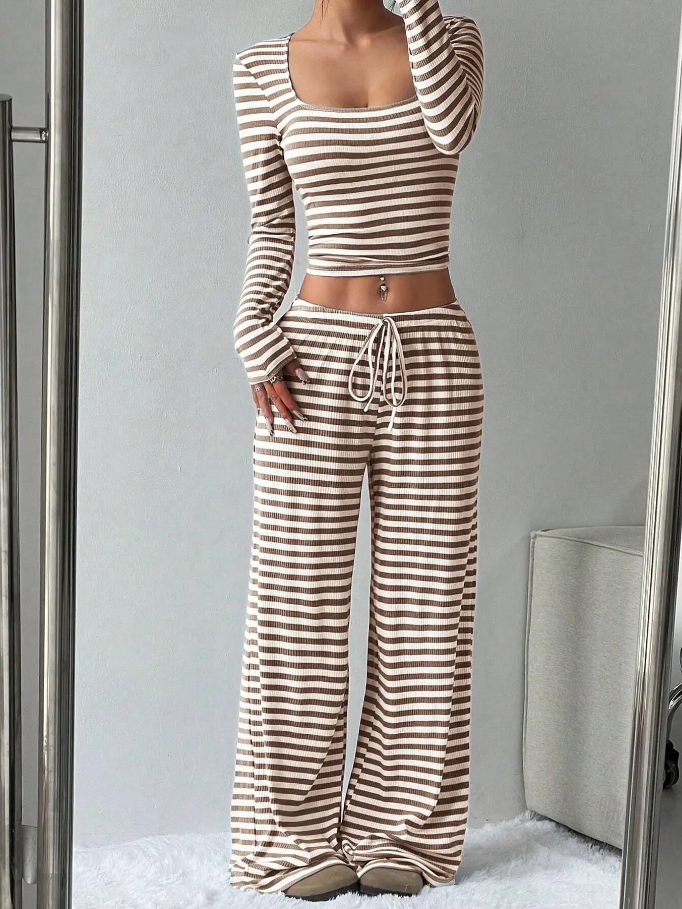 Women's Brown White Stripe Square Neck Crop Long Sleeve & Drawstring Wide Leg Pants 2 Piece Set, Waffle Knit Loungewear Matching Outfit