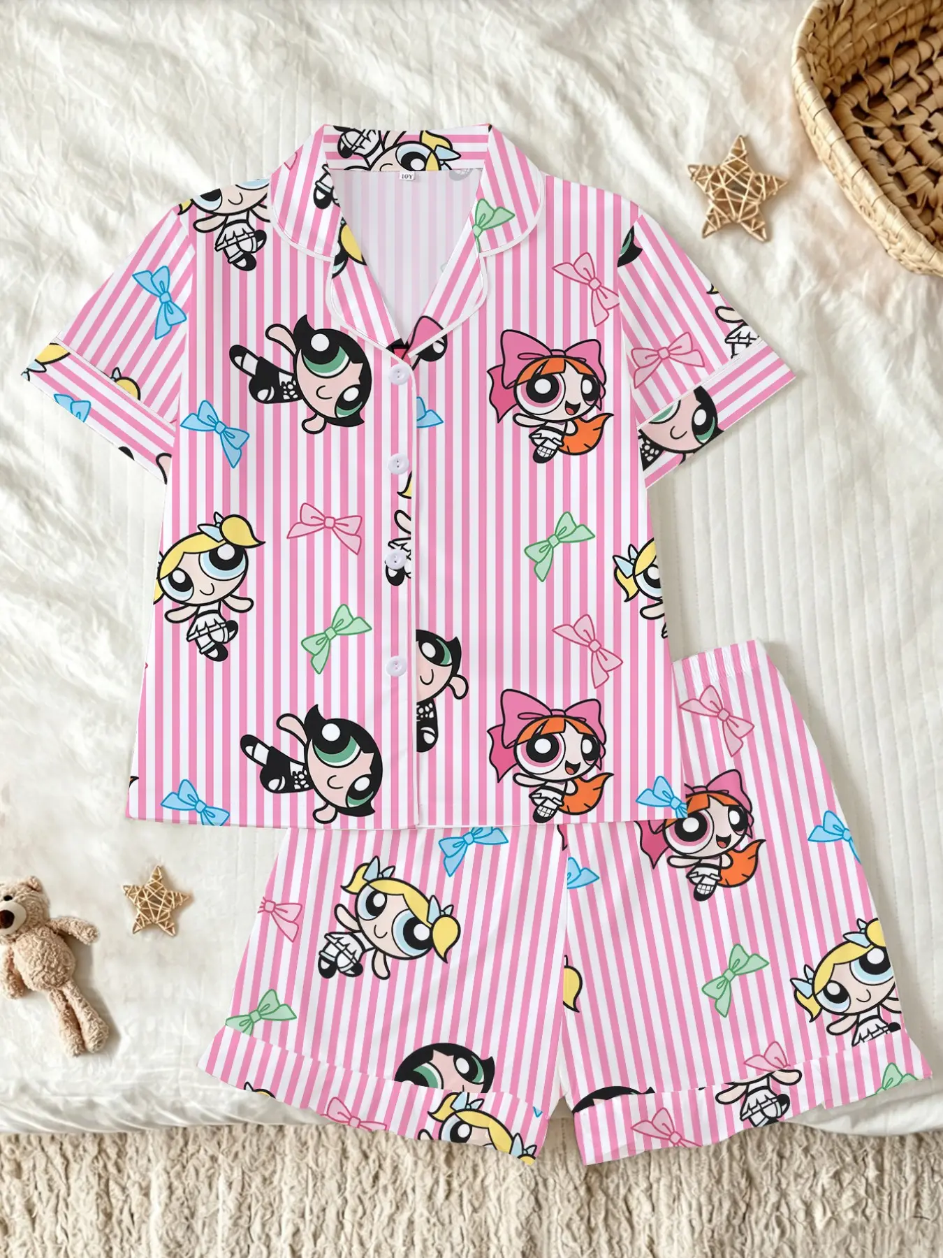 Cartoon Pajama Set, Fire Retardant Short Sleeve Shirt, Elastic Shorts, Casual Home Wear, Festive Sleepwear, Comfortable Kids Pajamas, Cartoon Pattern Pajamas, All Seasons Pajamas
