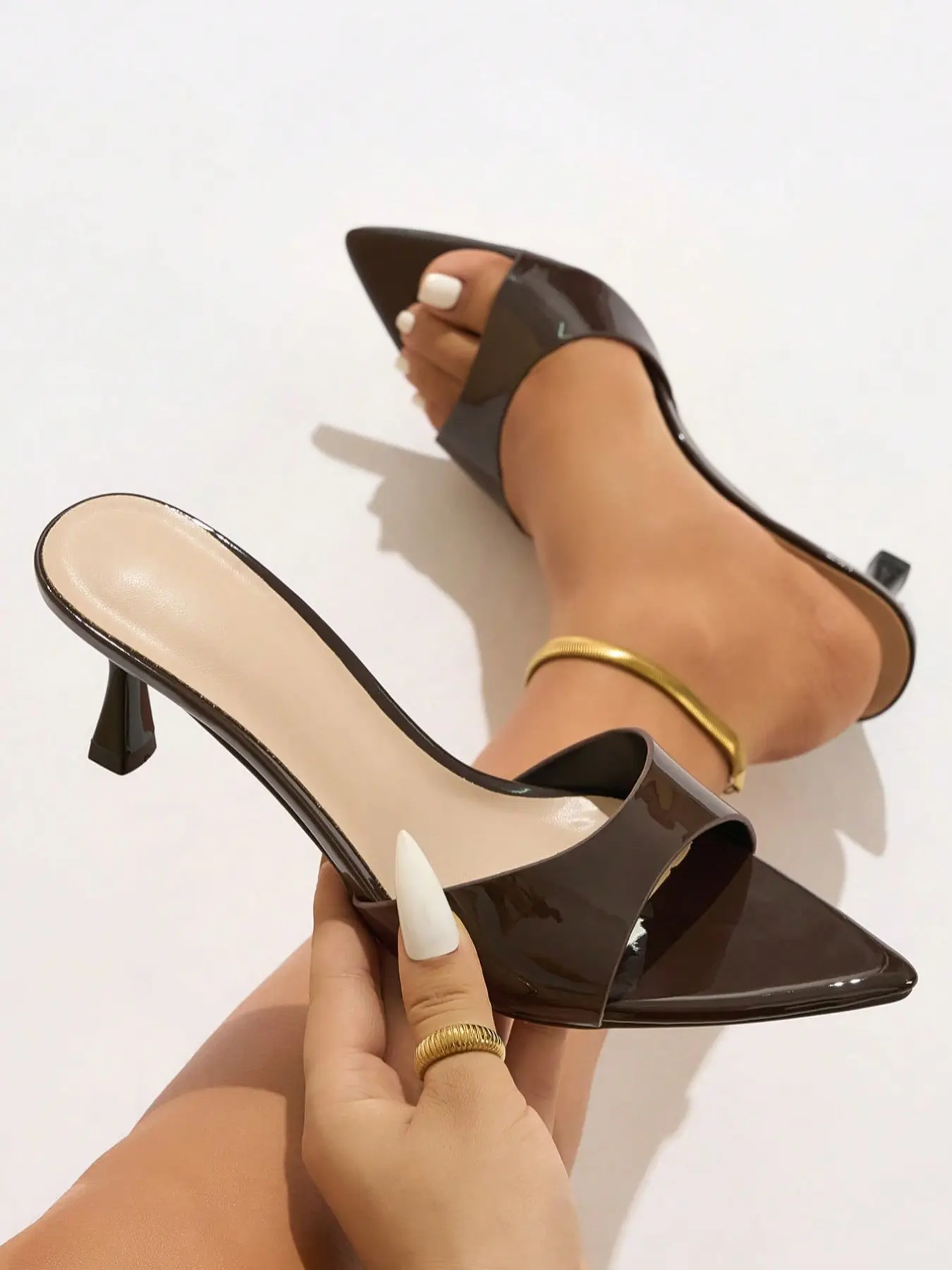 Women Elegant Brown Mirror Finish Mule Sandals Pointed Open Toe Kitten Low Heels Slip On Dress Shoes Versatile for Party Date Vacation Valentine’s Mother’s Day Holiday Gift Dressy Summer Shoes