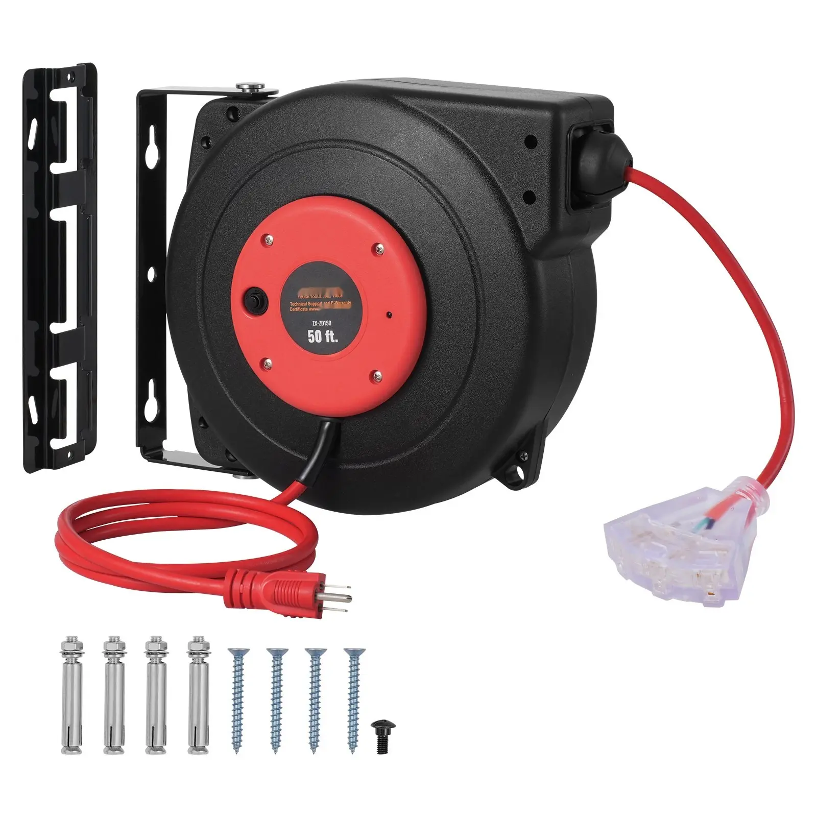Retractable Extension Cord Reel With 50-Foot 14 AWG 3-Conductor SJTOW Power Cable, Heavy-Duty Portable Electrical Reel For Home Garage Workshop, Indoor Outdoor Use, Auto-Rewind Tangle-Free Design, Cable Guide, UL Listed