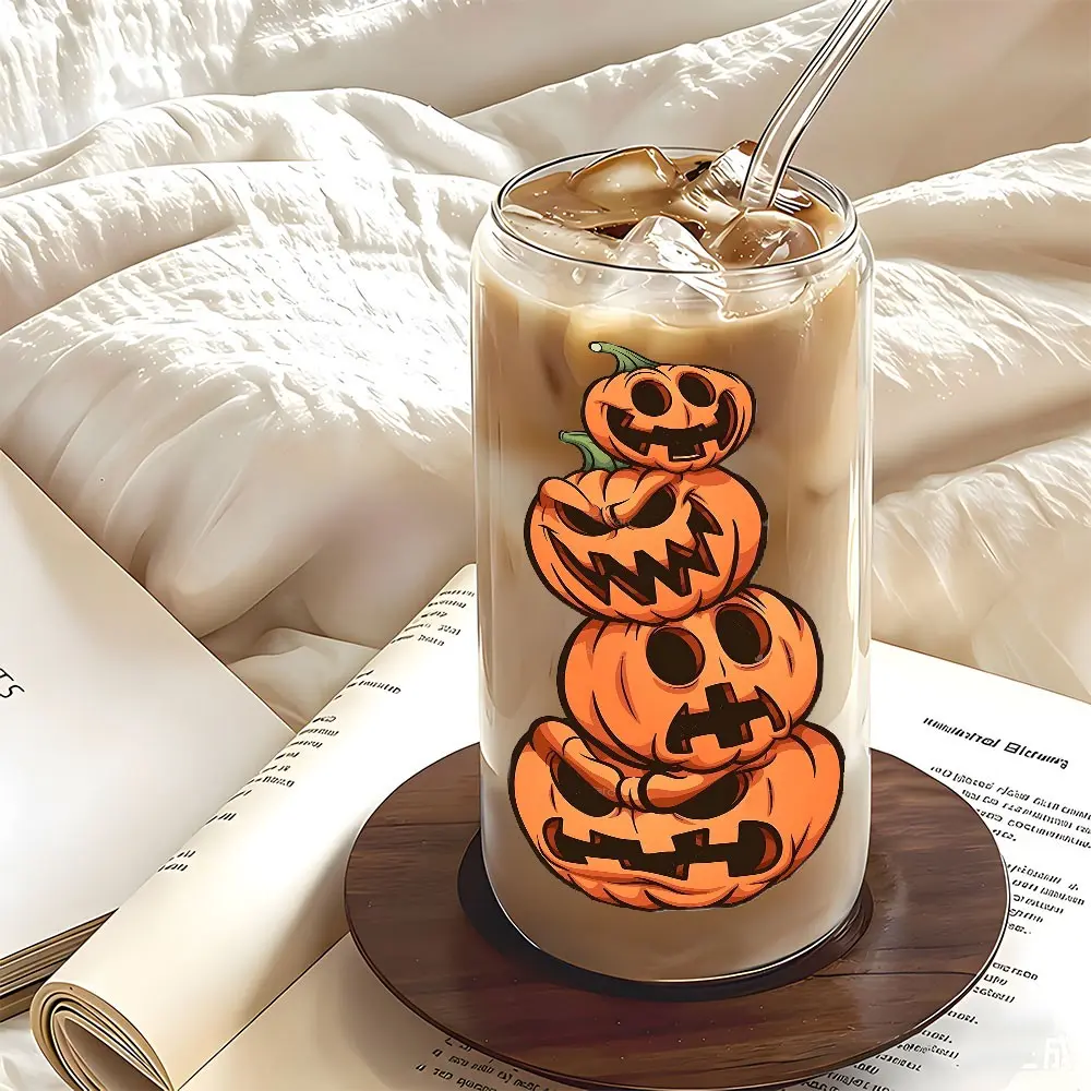 Horror Pumpkin Halloween Theme 16oz Glass Can Cup with Lid and Straw, Reusable Glass Drinking Cup, Spooky Fall Aesthetic Glass Jar for Iced Coffee, Hot Chocolate, Juice, Cold Drinks, Festive Halloween Glassware, Perfect Gift for Coffee Lovers