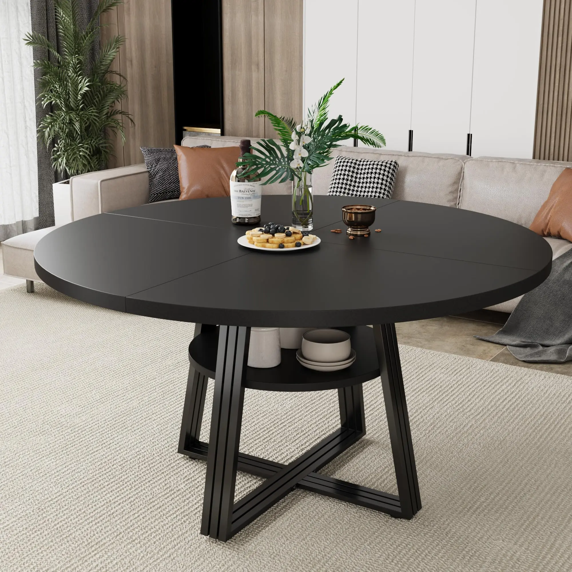 Farmhouse Round Dining Table for 4-6 – 47.2'' Circle Kitchen Table with Storage Shelf – Space-Saving Design – Sturdy Wood Construction for Dining Room, Kitchen, Living Room, Apartment, Black Walnut