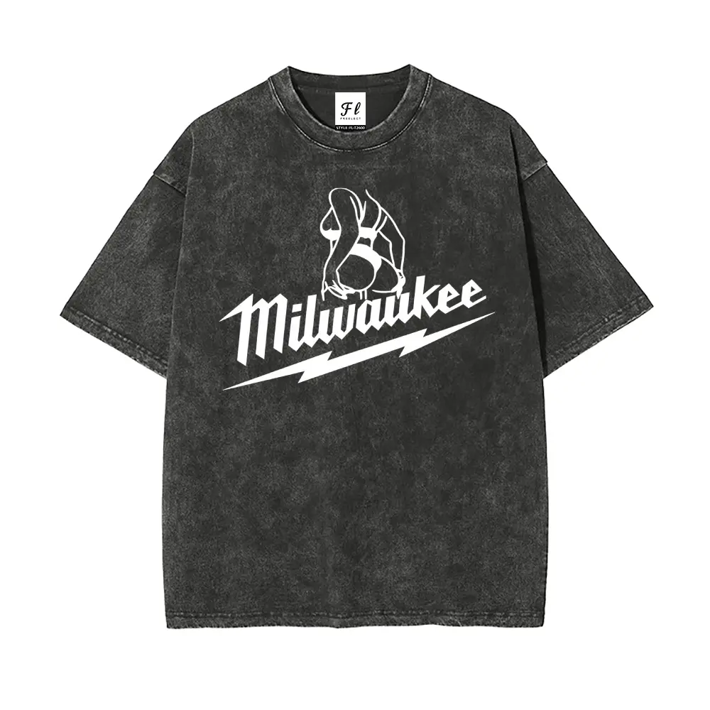 Men's Casual Oversized Boxy Short-Sleeve Graphic T-Shirt - 100% Cotton Soft Breathable Menswear Top, Vintage Y2K Streetwear, Round Neck, "Milwaukee" Letter/Silhouette/Lightning Print, Unisex Plus Size Summer Washed