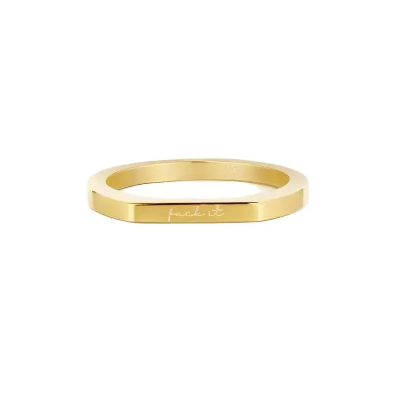Unisex Engraved Gold Band Ring - "Fuckit" Playful Quote, Dainty Stackable Daily Wear Jewelry, Inspirational Couple Gift, Letters Rings